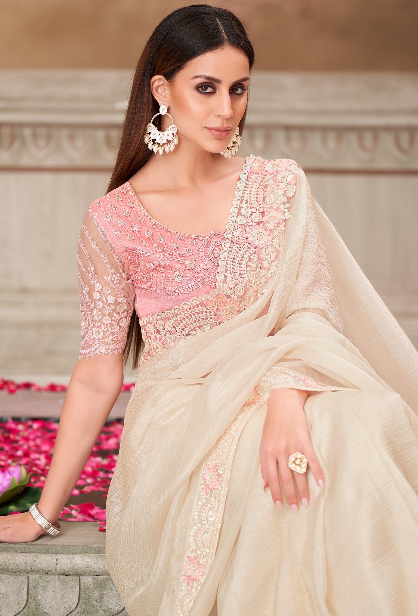 Off White Saree With  Heavy Thread Embroidery Sequins Border Work With Embroidery Blouse