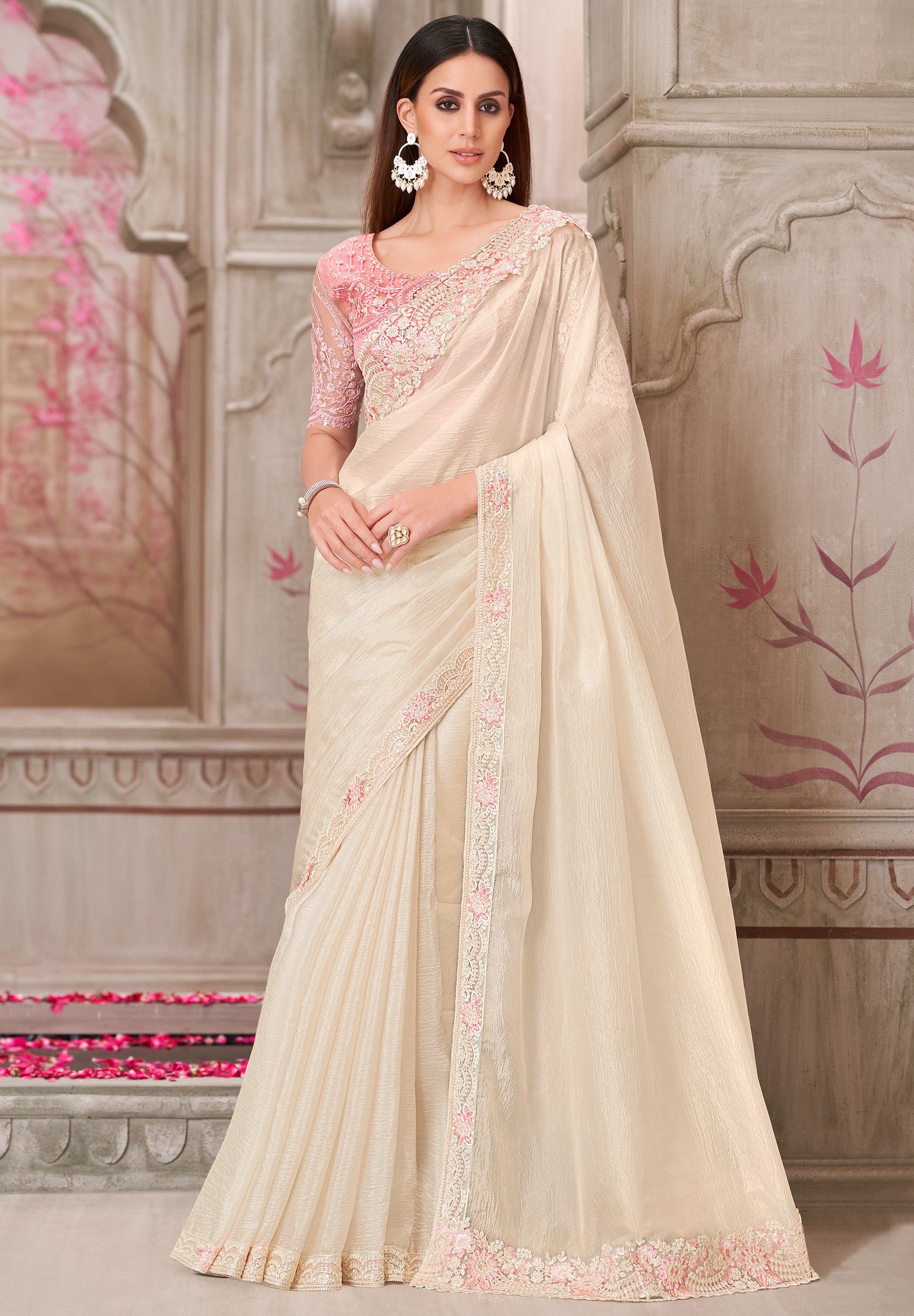 Off White Saree With  Heavy Thread Embroidery Sequins Border Work With Embroidery Blouse