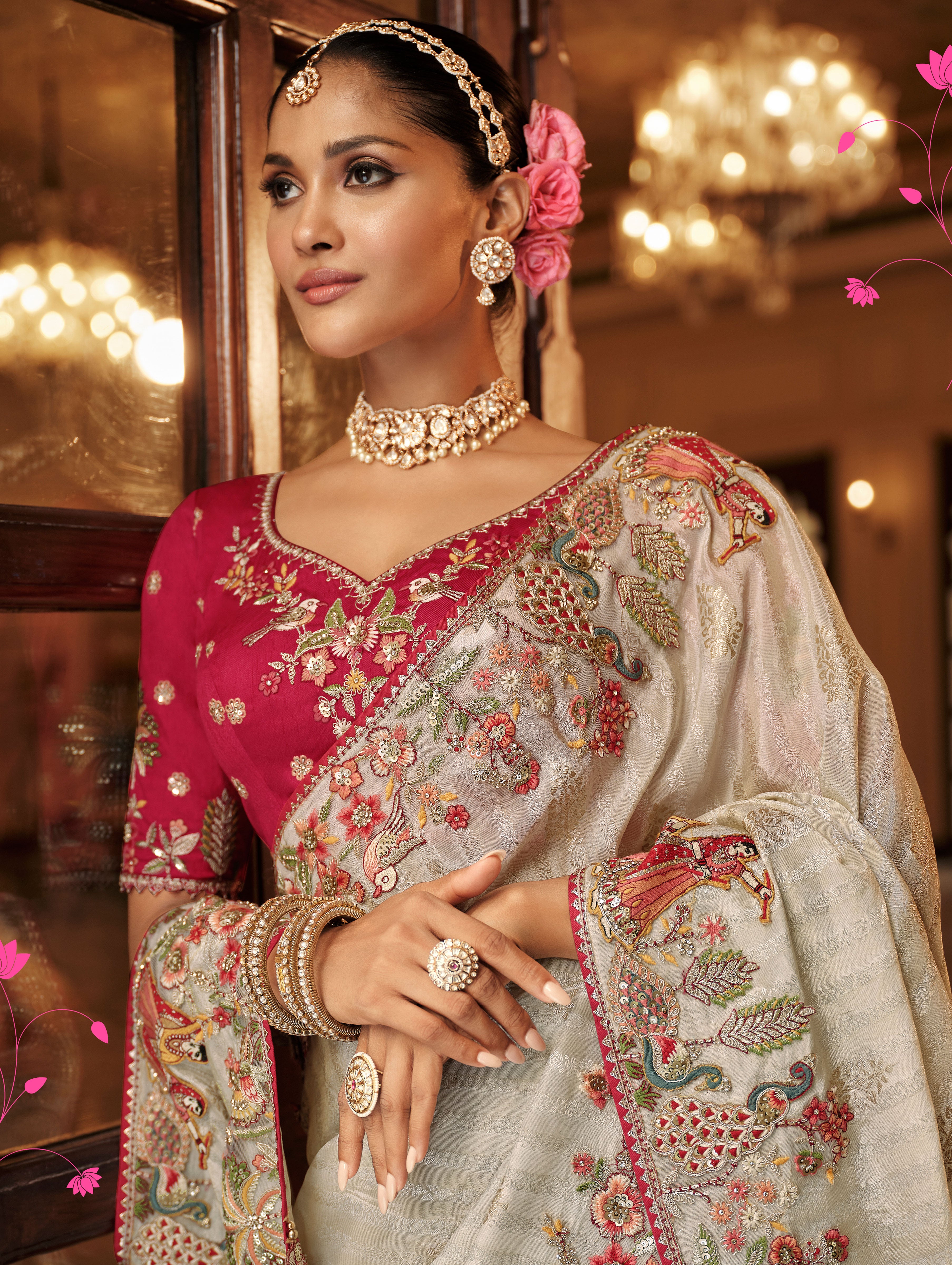 Off White Saree With  Zari weaving With Heavy Thread Embroidery With khatli work