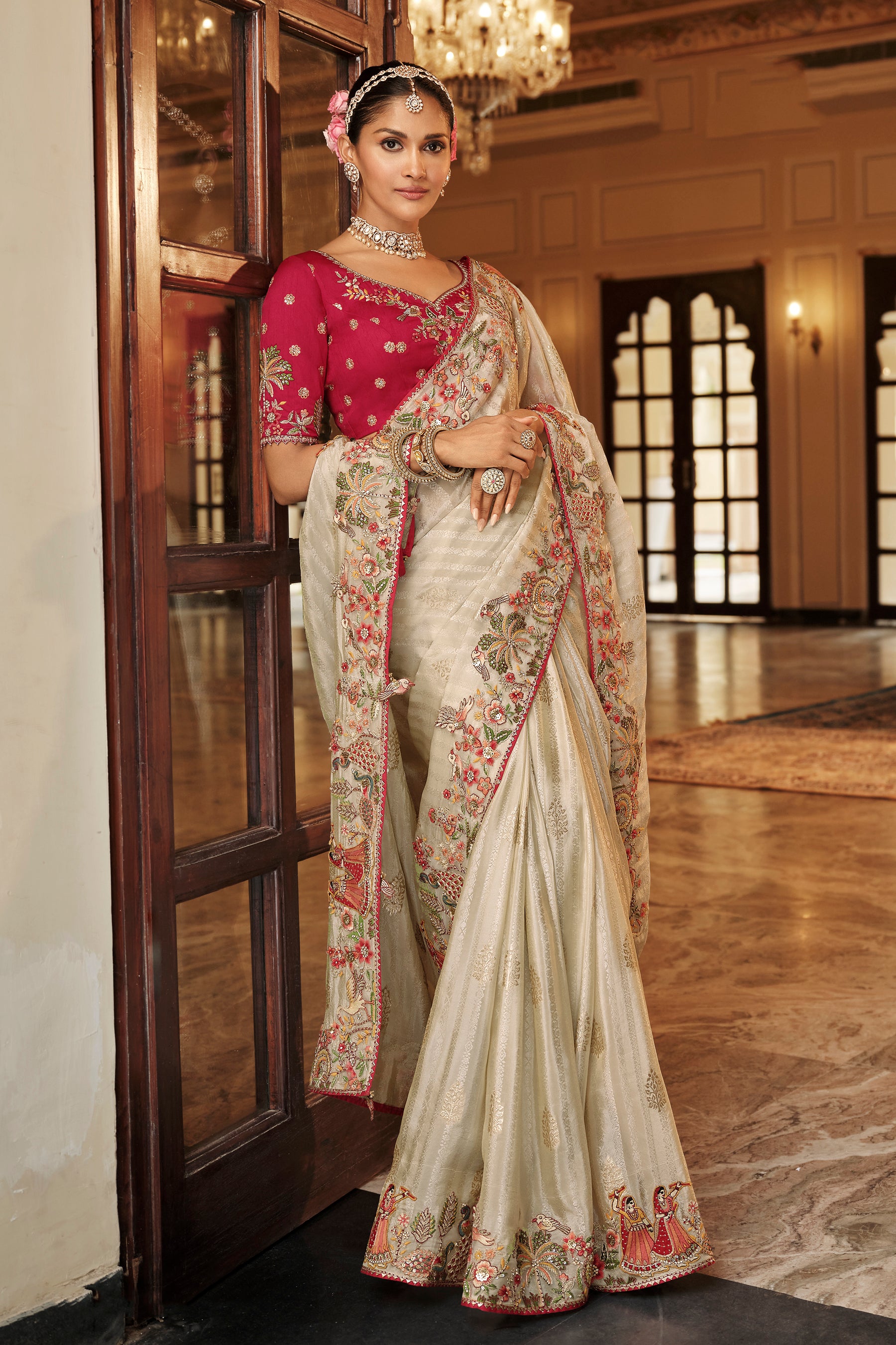 Off White Saree With  Zari weaving With Heavy Thread Embroidery With khatli work