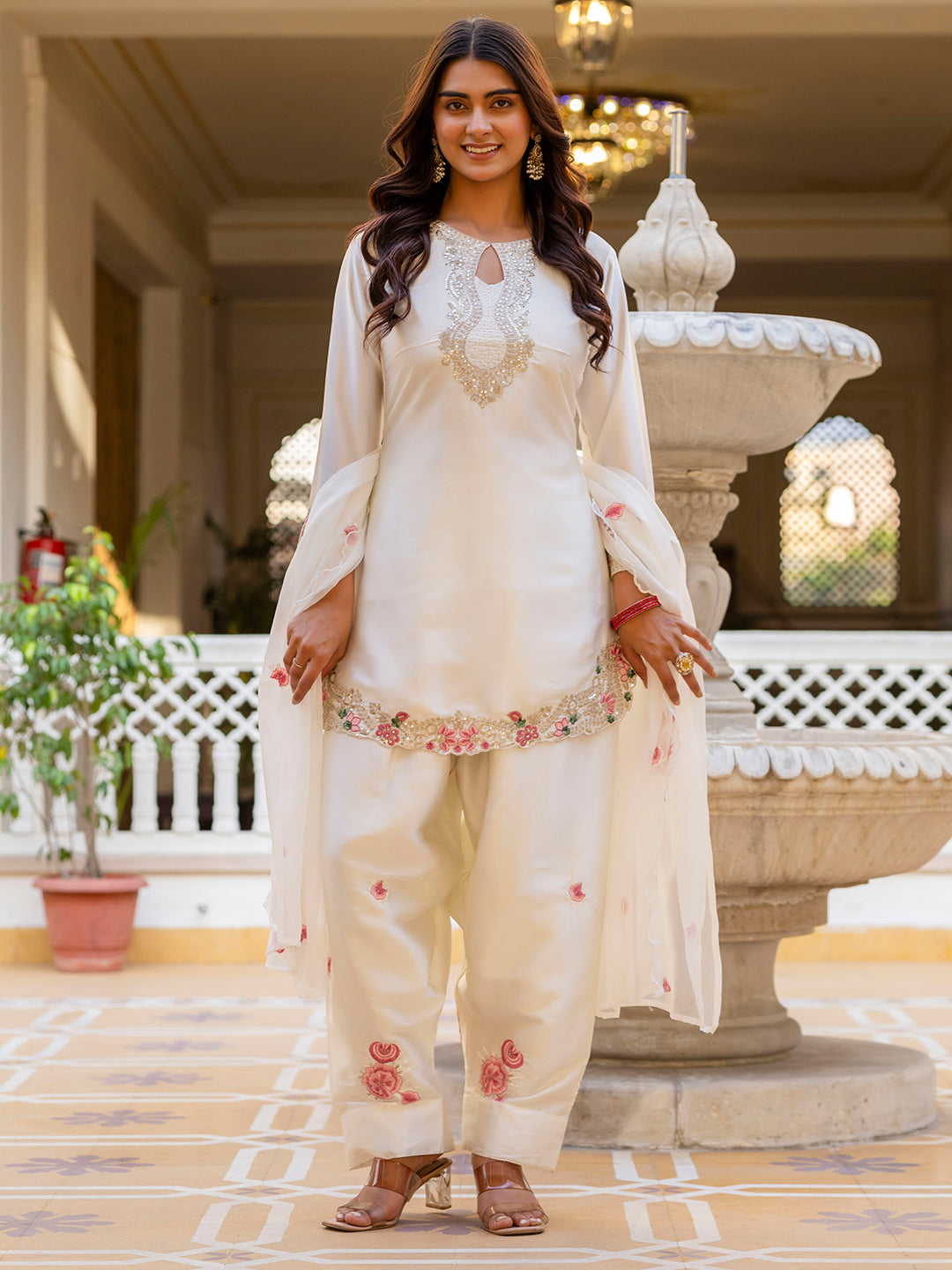 Off White Satin Kurta Patiala Pant Set With Heavy Thread Embroidery Sequins Work