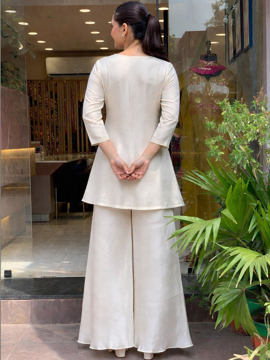 Off White Silk Kurta With Palazzo Set With Heavy Thread Embroidery Work