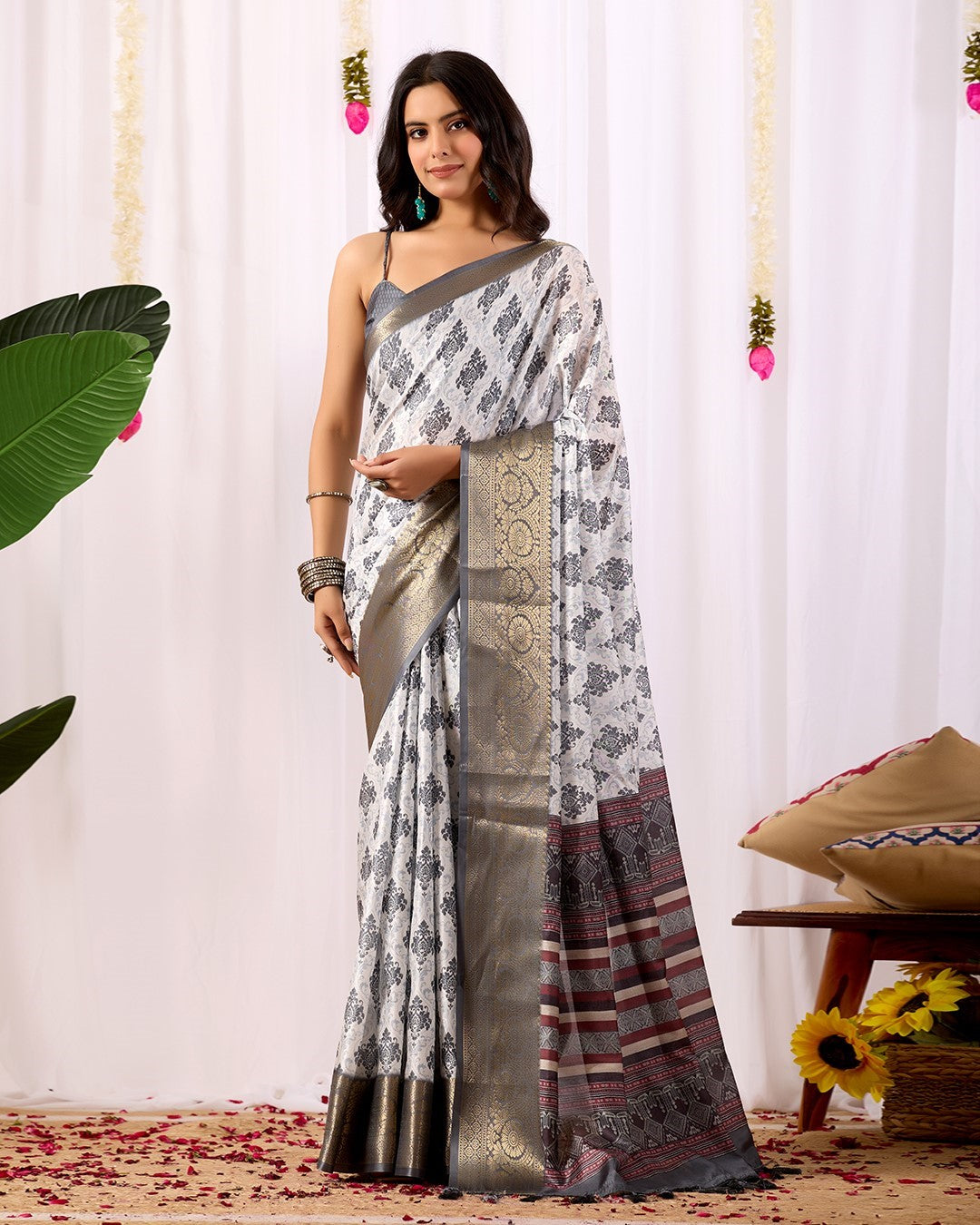 Off White Soft Lichi Silk Saree With Digital Printed Classic Premium Saree