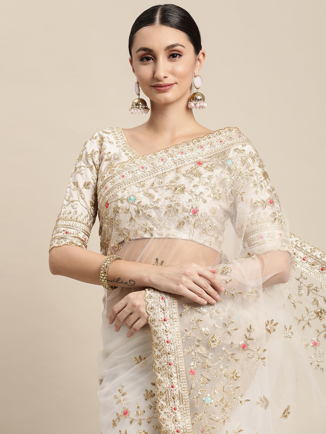 Off White Soft Net Designer Embroidery Work Bollywood Style Saree