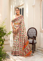 Off White Velvet Tussar Silk Woven Designer With Floral Printed Ethnic Wedding Wear Saree