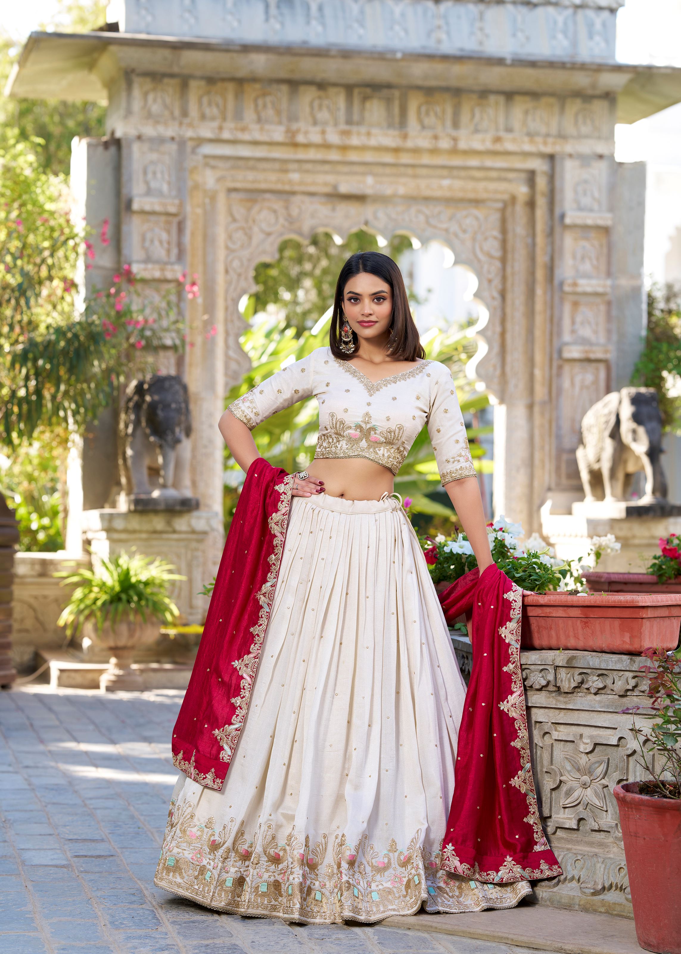 Off White Vichitra Silk Lehenga with Sequins & Embroidery