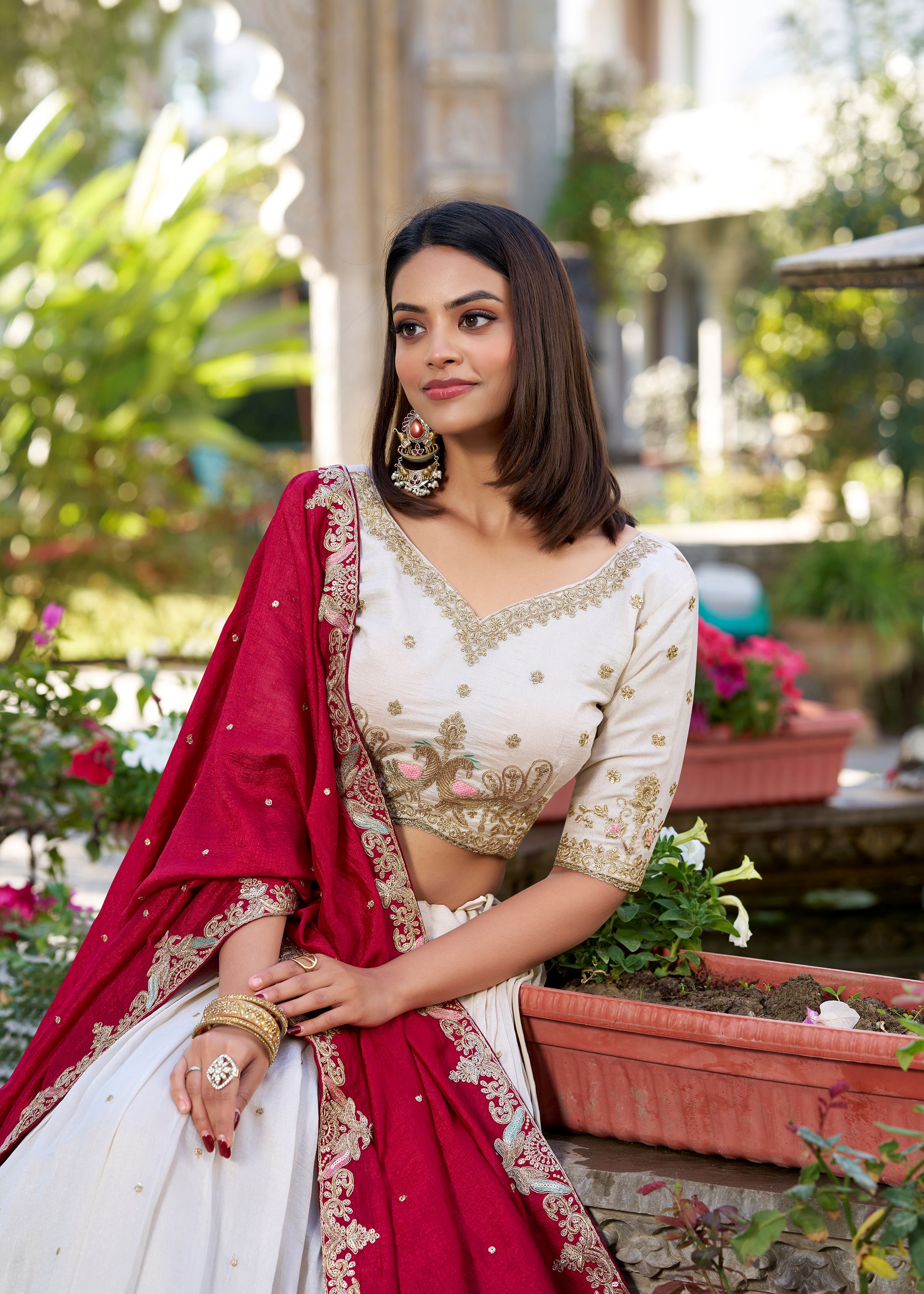 Off White Vichitra Silk Lehenga with Sequins & Embroidery