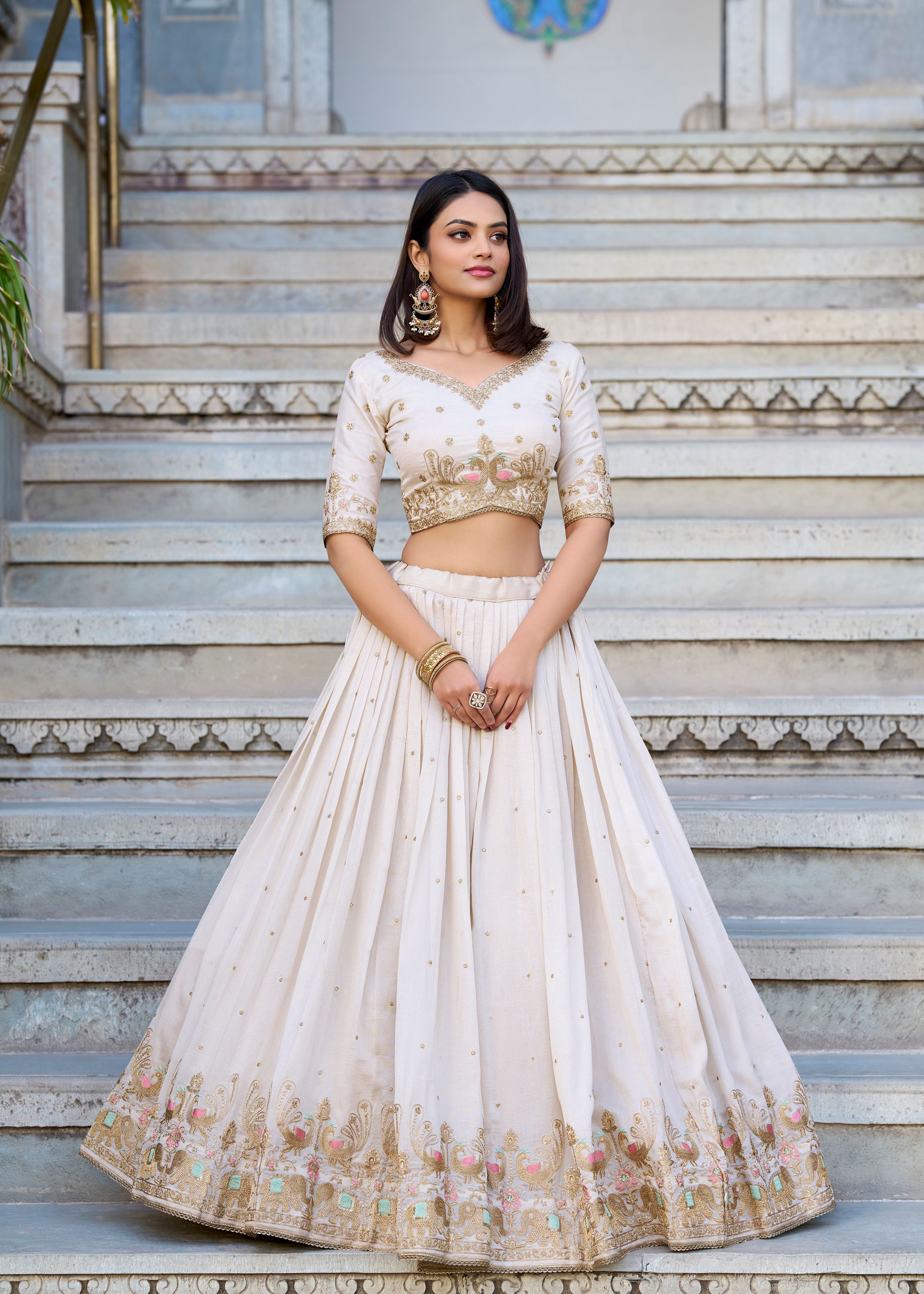 Off White Vichitra Silk Lehenga with Sequins & Embroidery