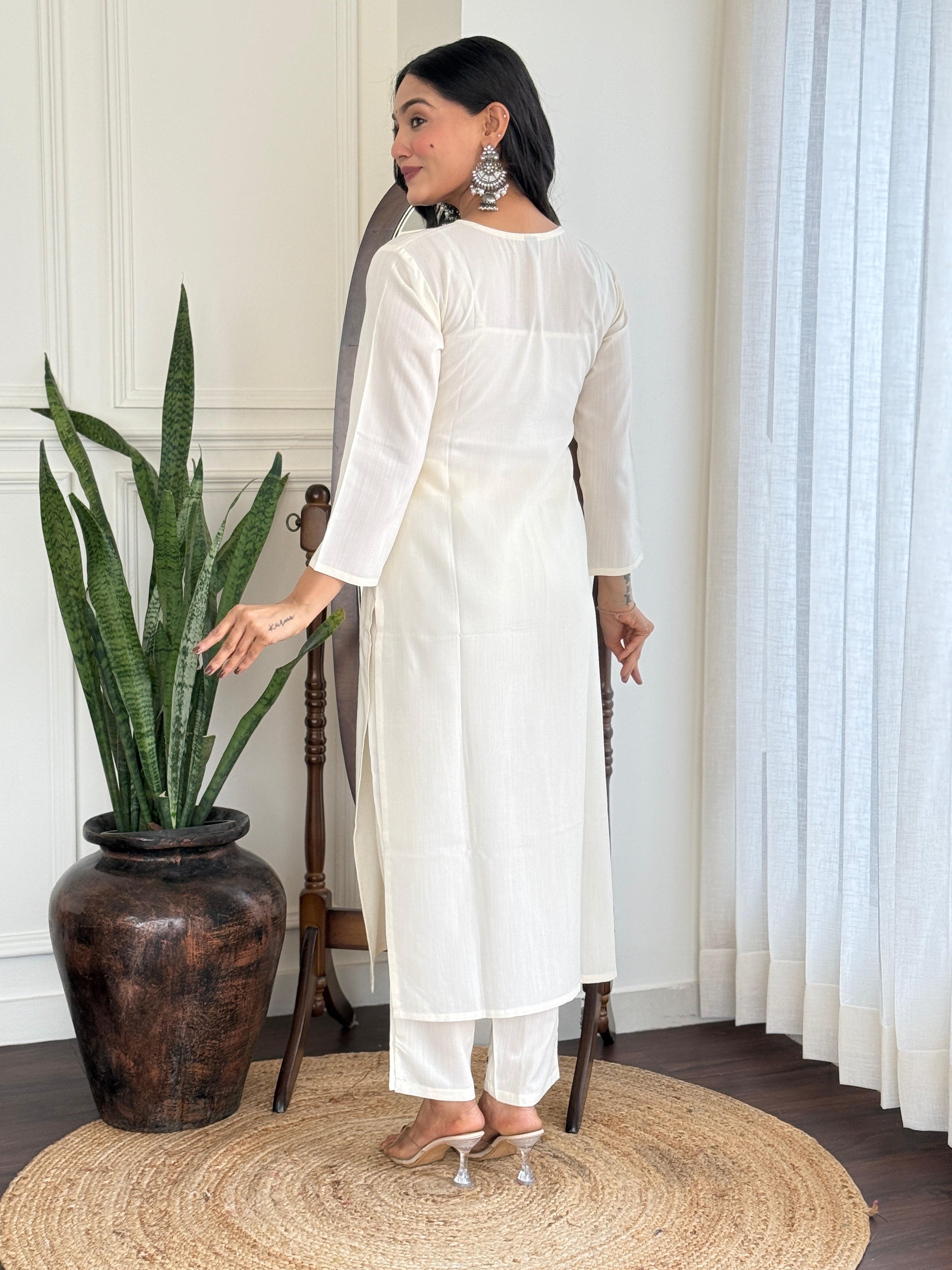 Off White Viscose Blend Rayon Kurta Pant Set With Embroidery Work