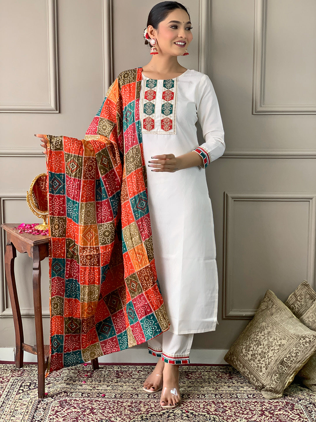 Off White Viscose Elegant Kurta Pant Set With Embroidery Work