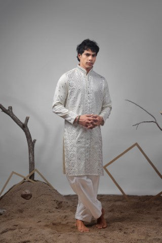 Off White Viscose Heavy Embroidered Ethnic Ceremonial Kurta Pajama
