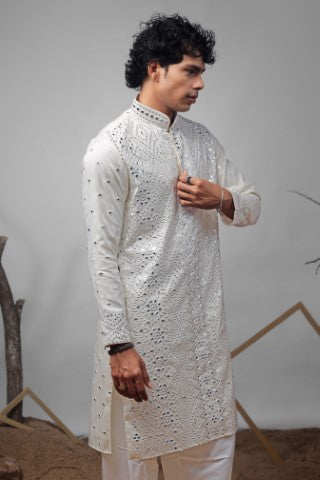 Off White Viscose Heavy Embroidered Ethnic Ceremonial Kurta Pajama