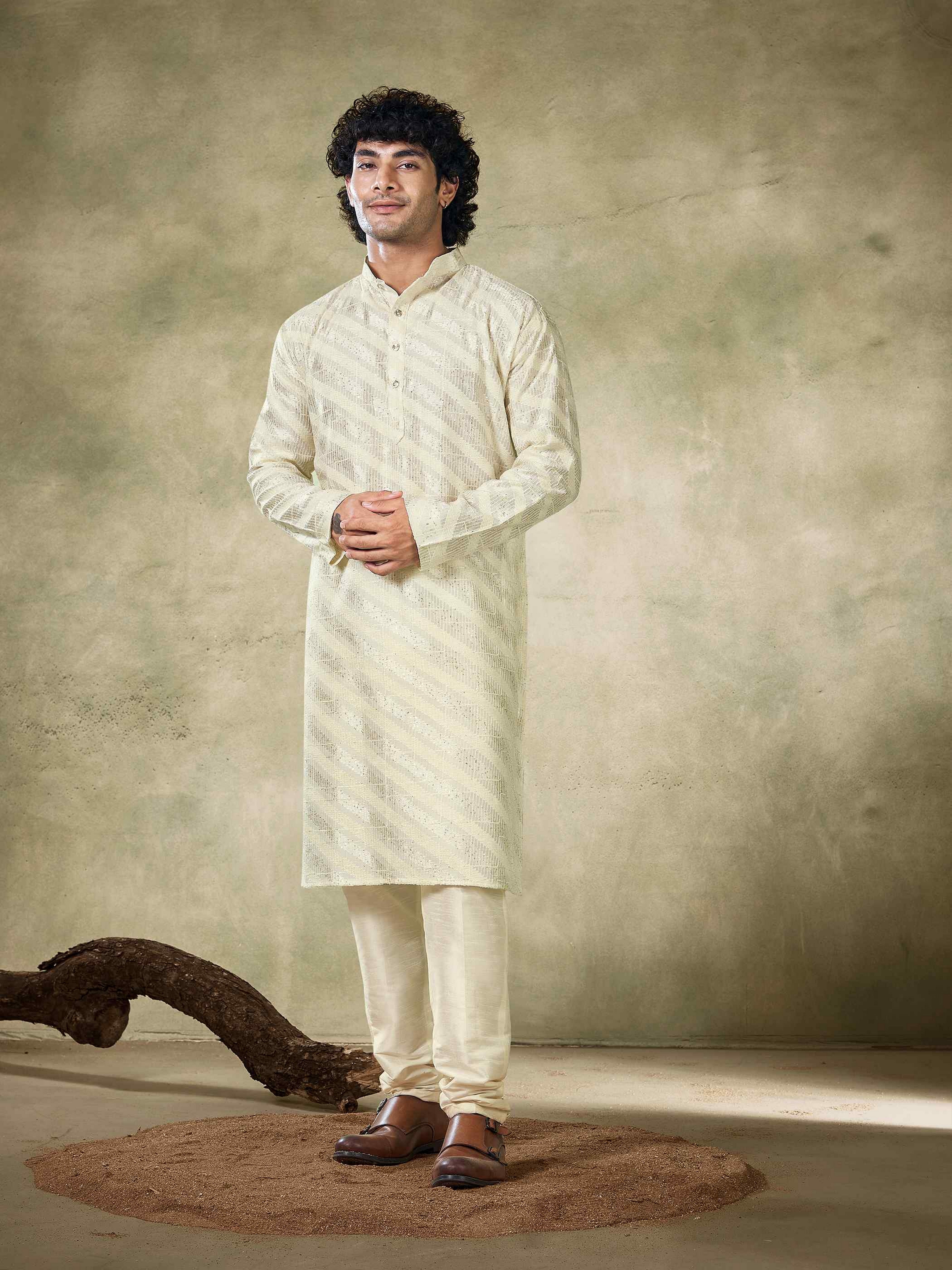 Off White Viscose Kurta Payjama with Sequins – Subtle Elegance for Special Days
