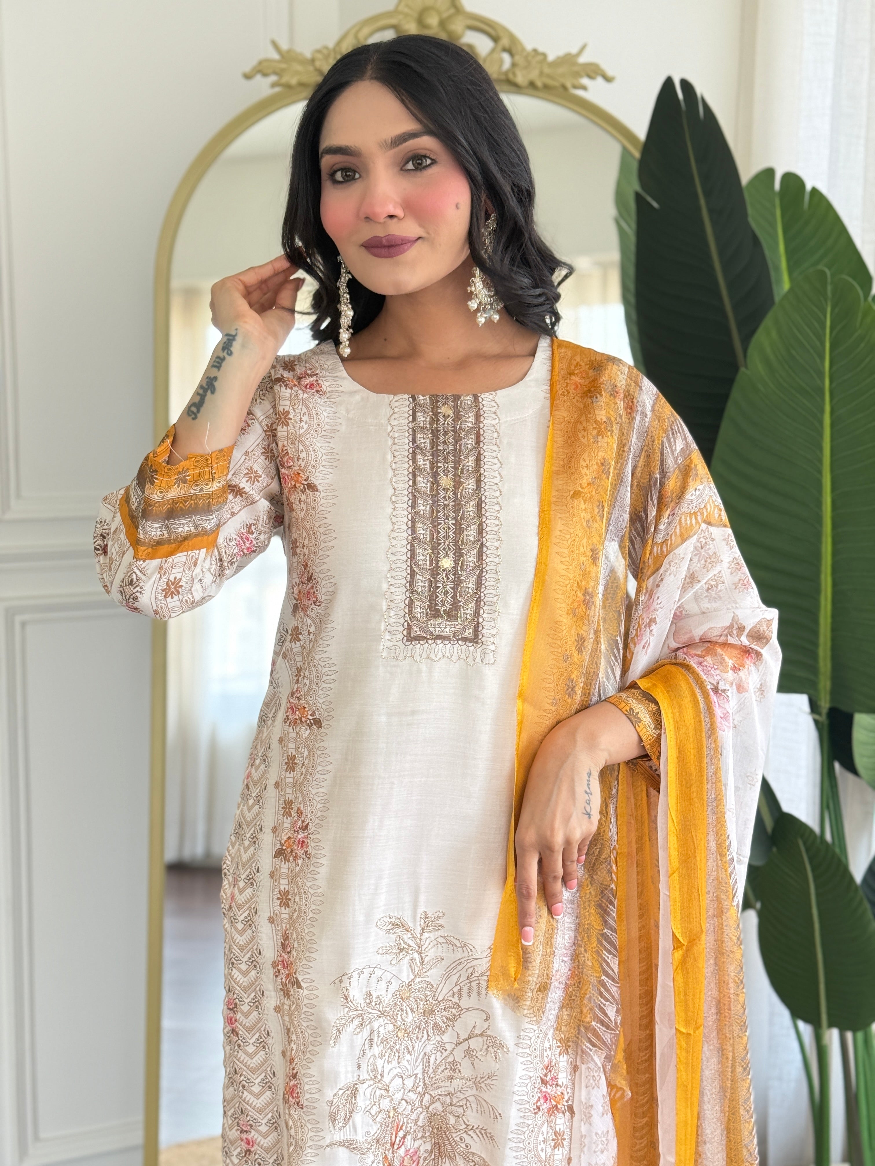 Off White Viscose Modal Kurta Pant with Print With Hand Work