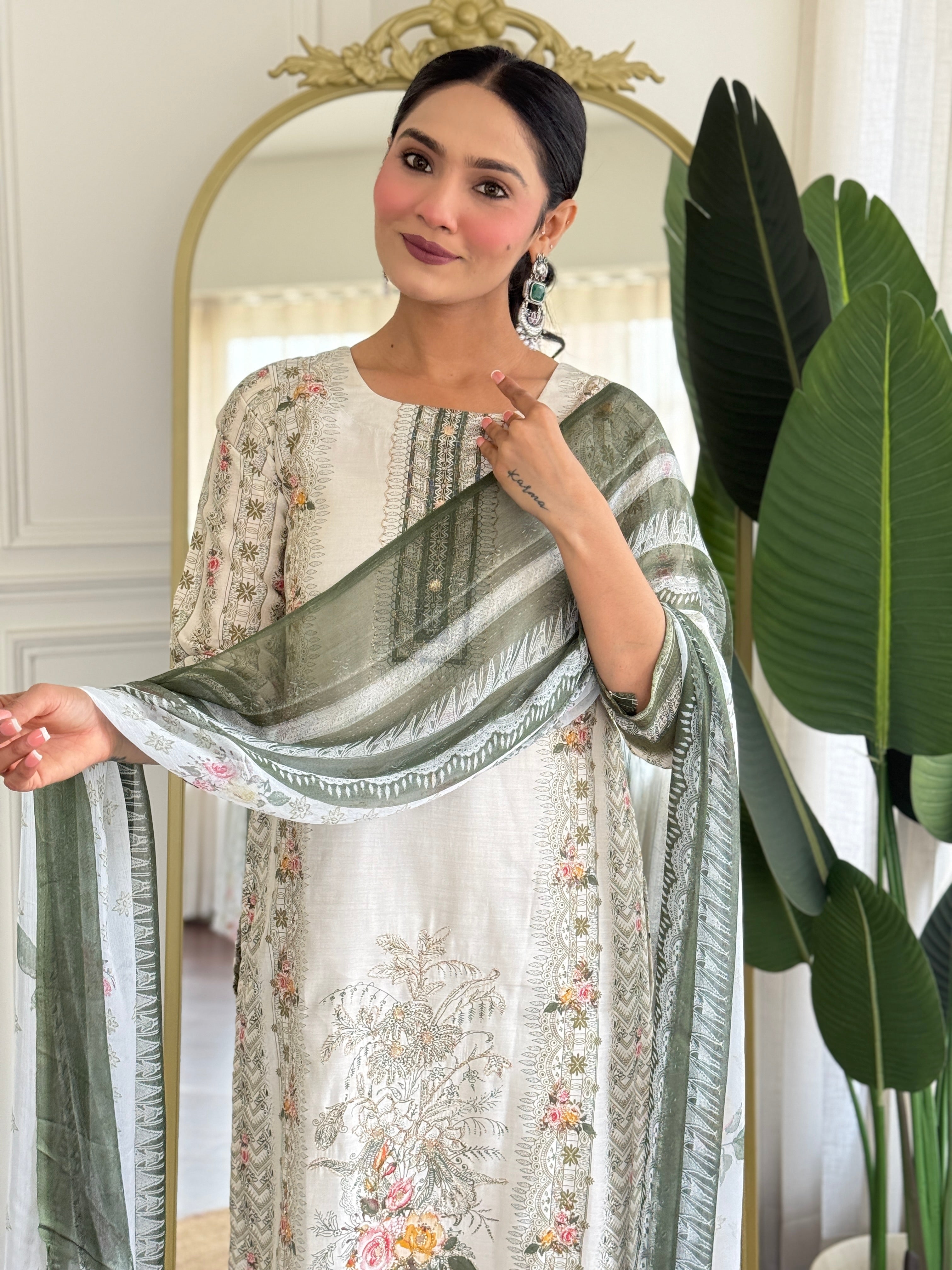 Off White Viscose Modal Kurta Pant with Print With Hand Work