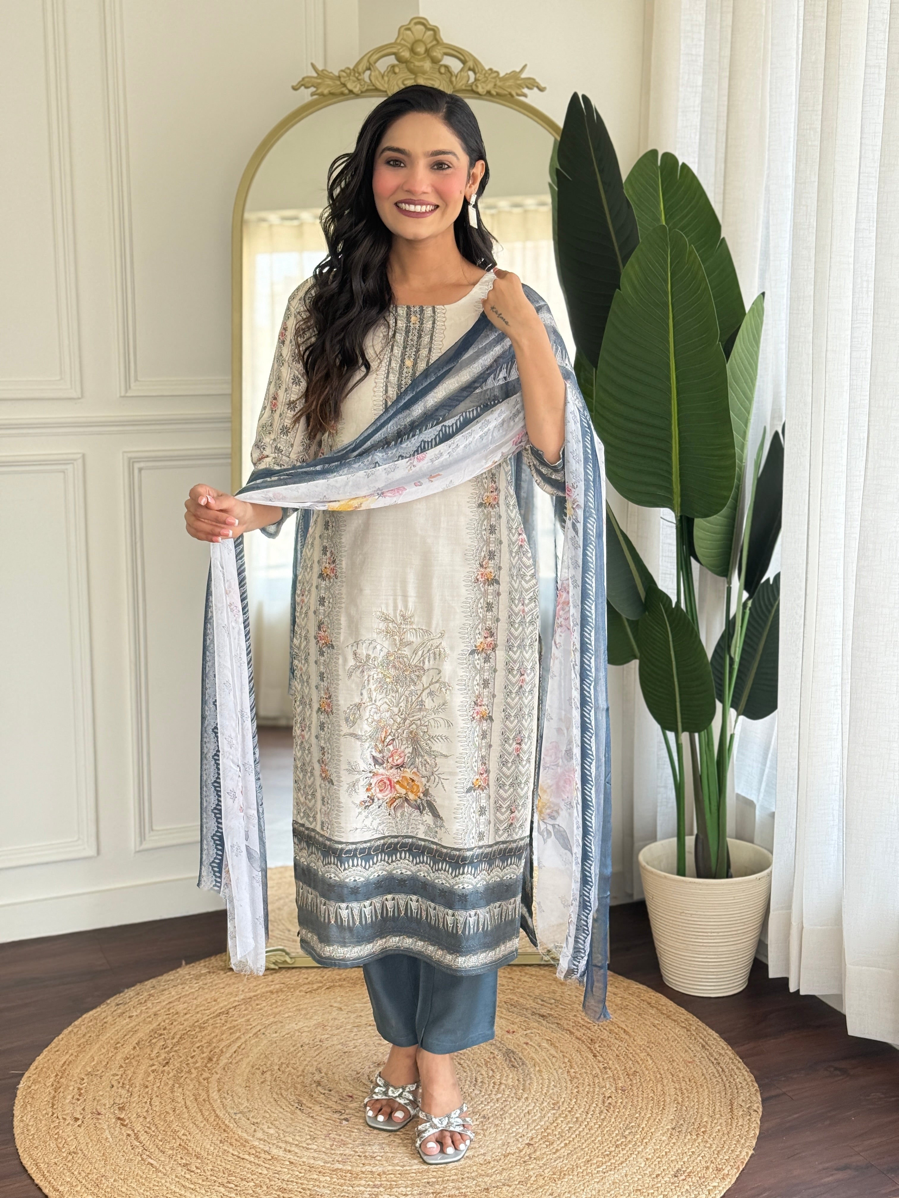 Off White Viscose Modal Kurta Pant with Print With Hand Work