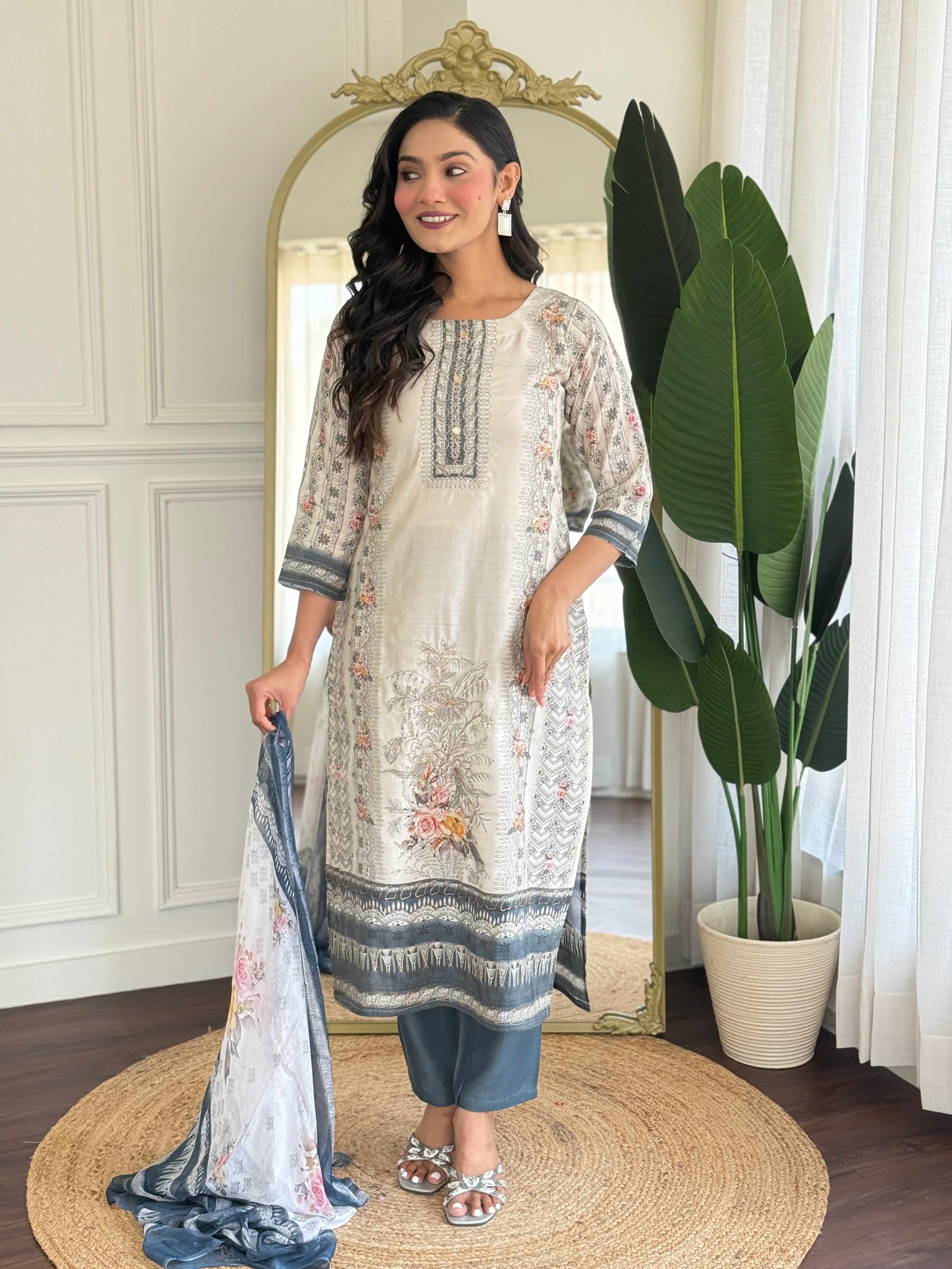 Off White Viscose Modal Kurta Pant with Print With Hand Work