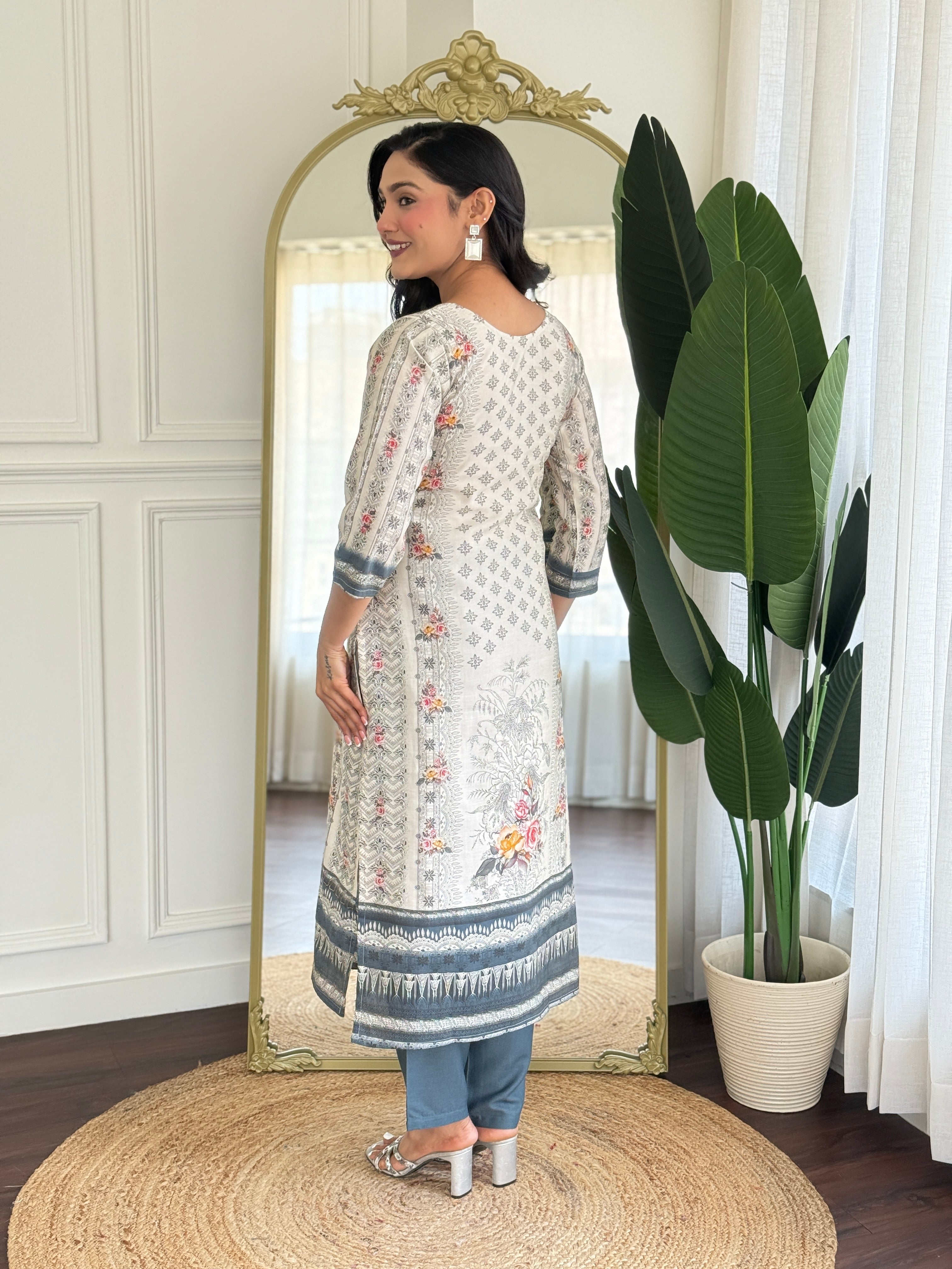 Off White Viscose Modal Kurta Pant with Print With Hand Work