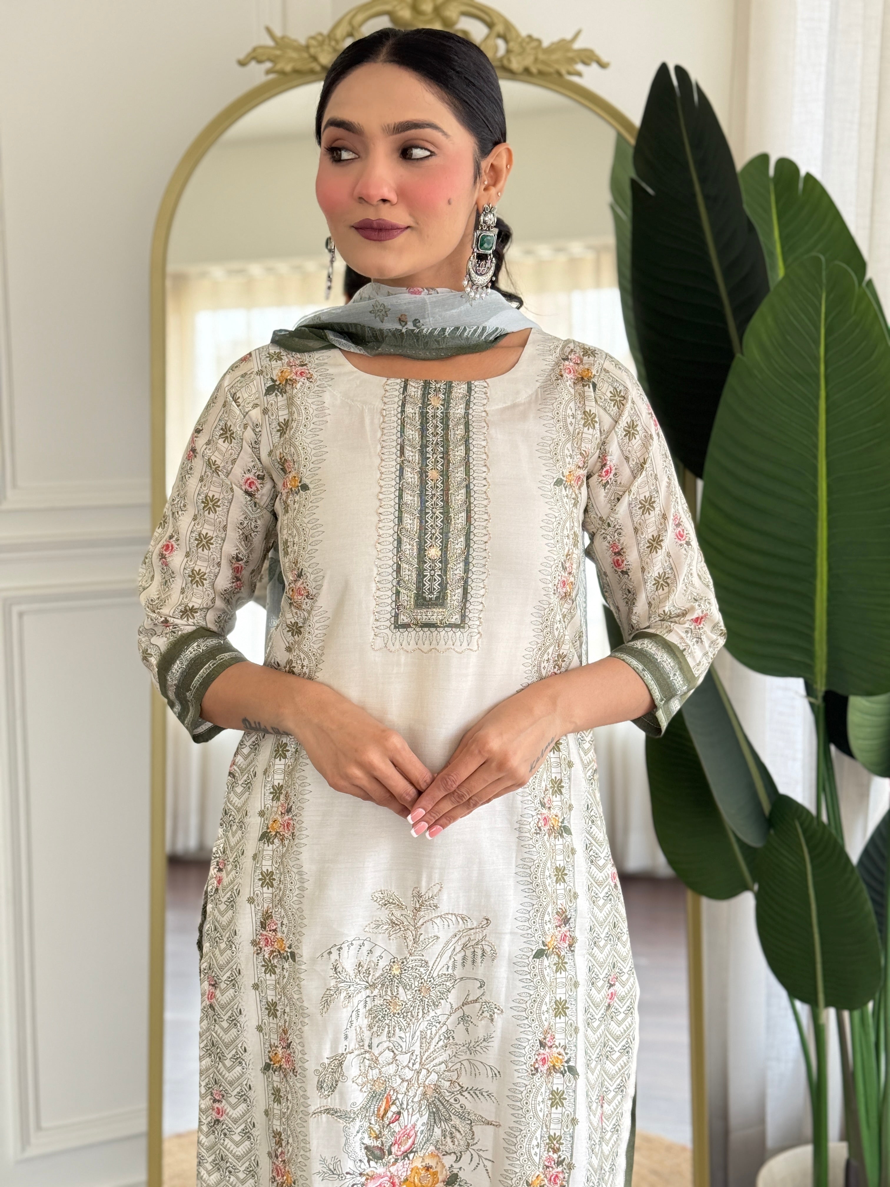 Off White Viscose Modal Kurta Pant with Print With Hand Work