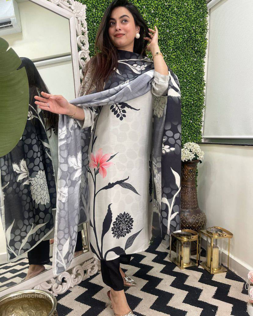 Off White Viscose Rayon Kurta Pant Set With Print