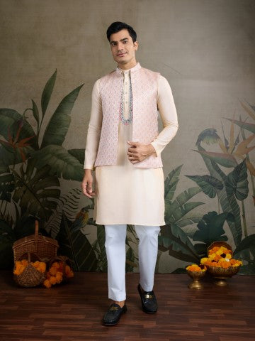 Off White Viscose Silk Ceremonial Kurta with Jacket