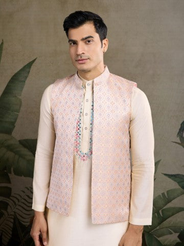 Off White Viscose Silk Ceremonial Kurta with Jacket