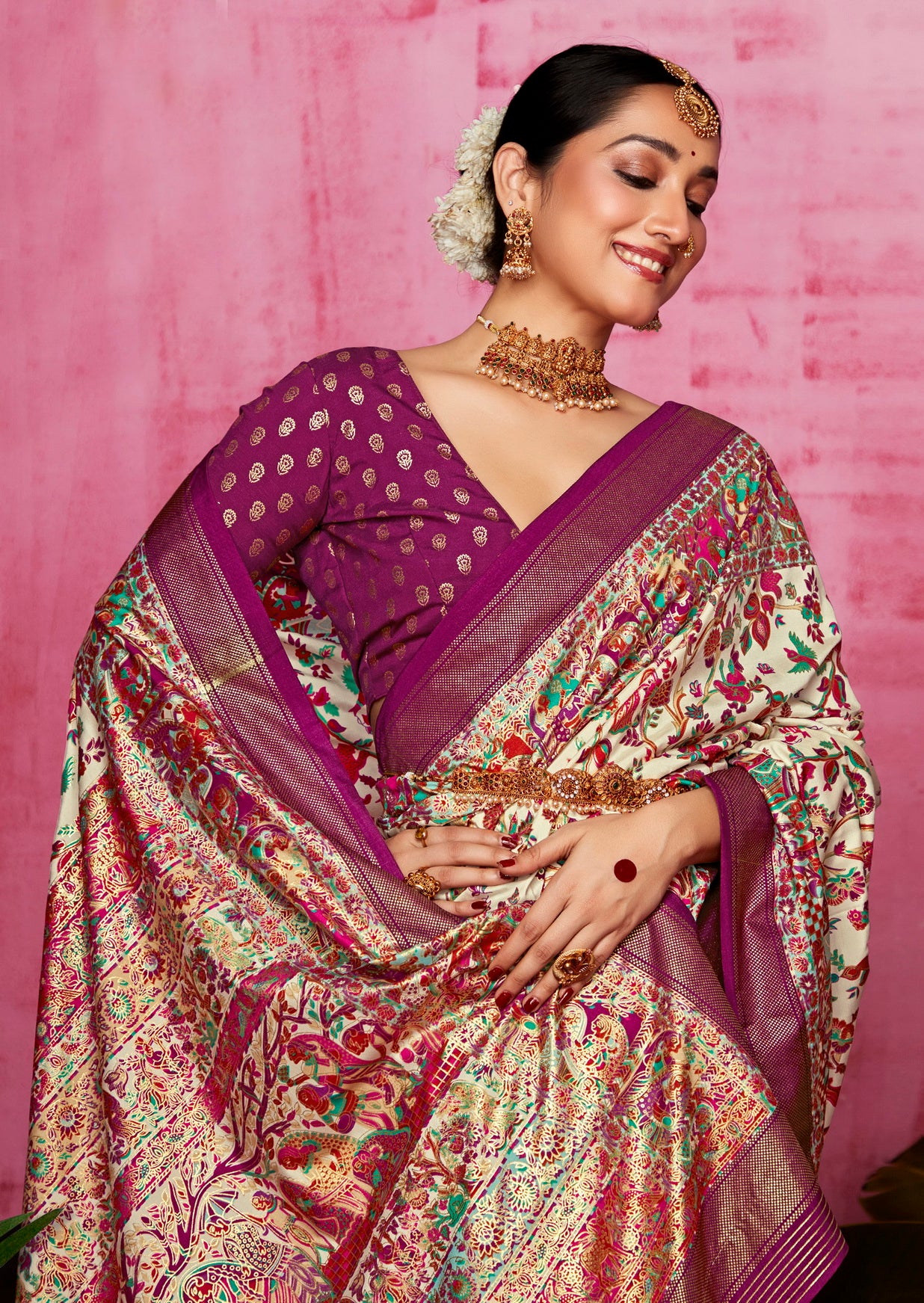 Off White Woven Designer With Polka Dot And Printed Tussar Silk Saree