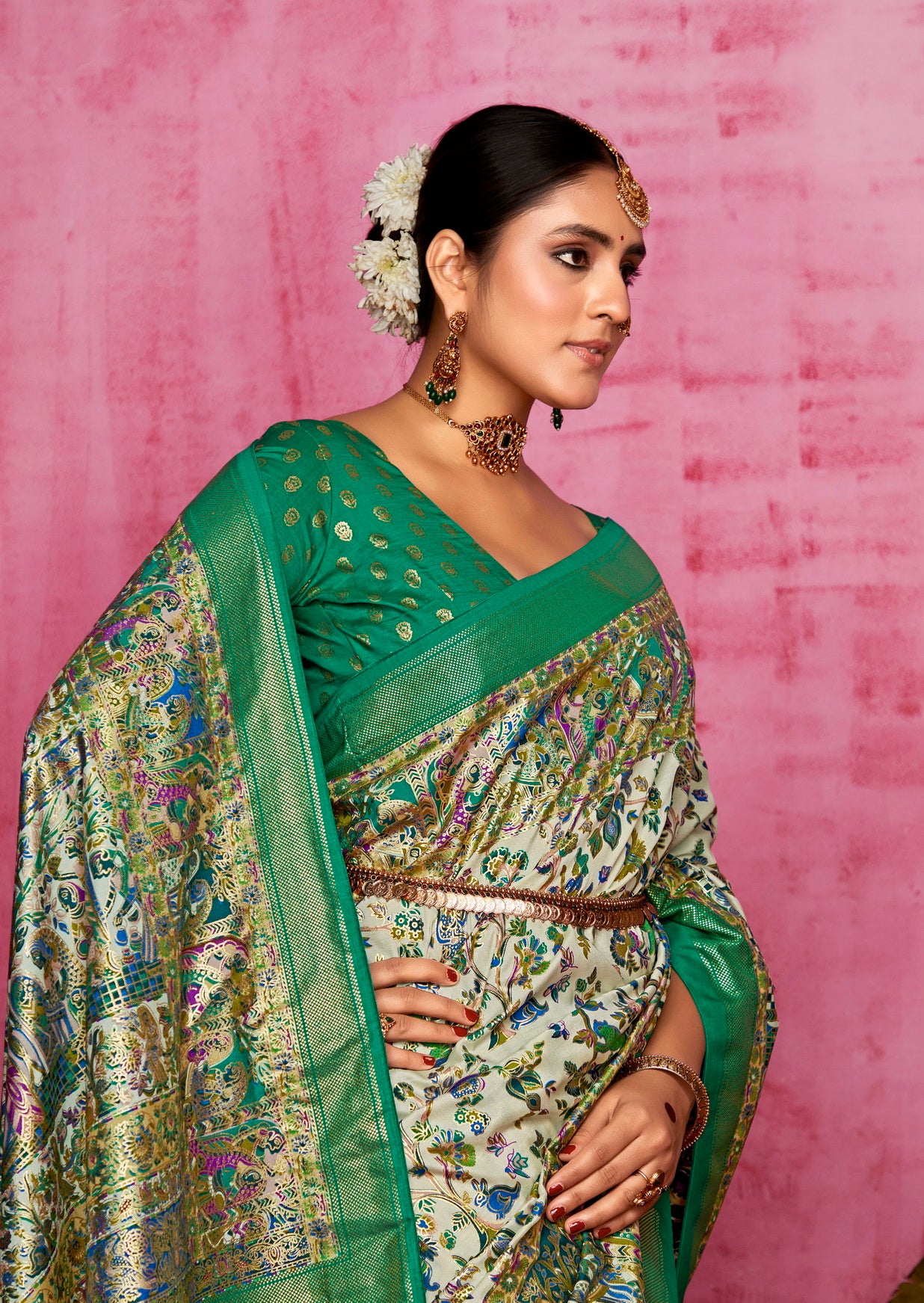 Off White Woven Designer With Polka Dot And Printed Tussar Silk Saree