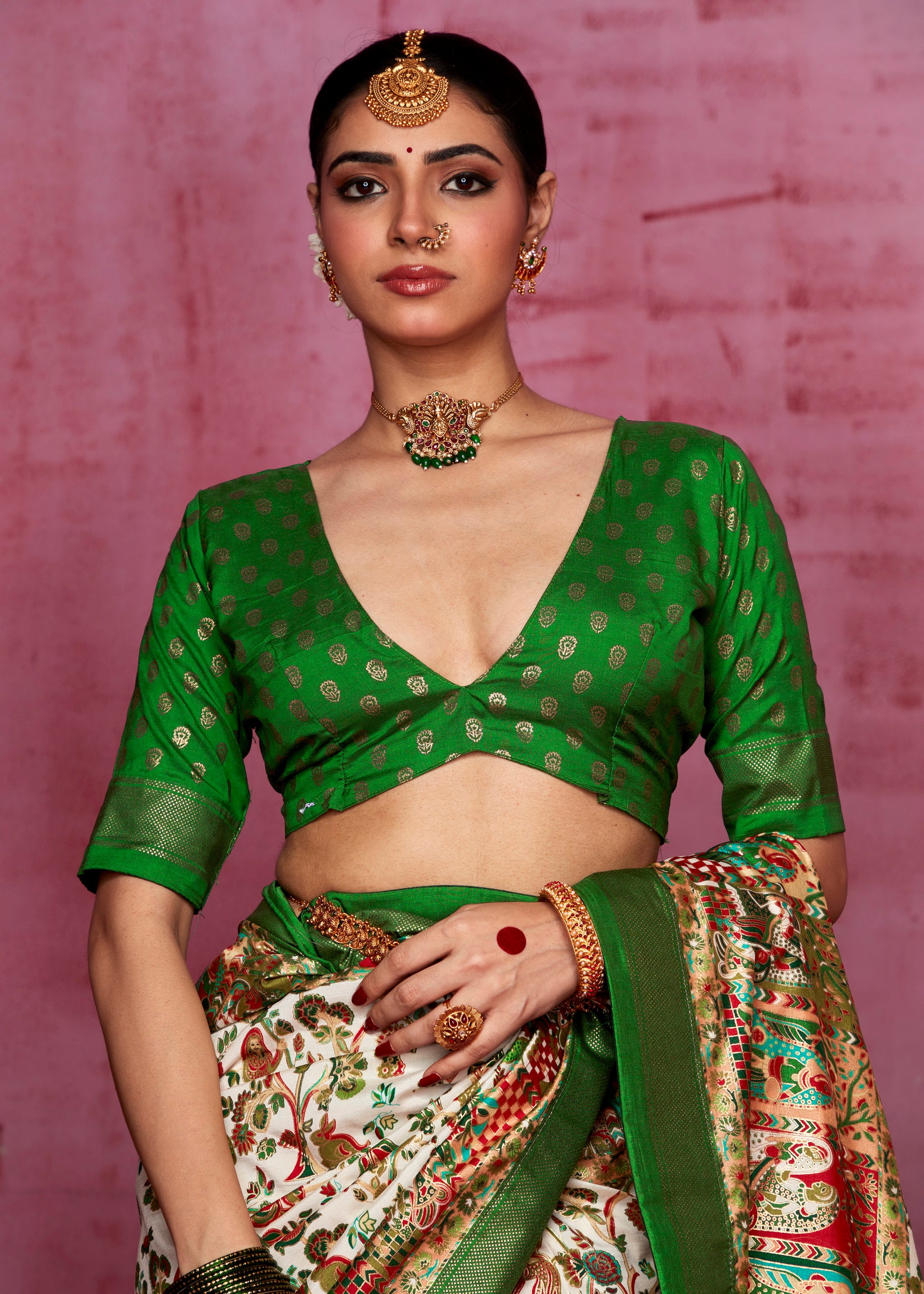 Off White Woven Designer With Polka Dot And Printed Tussar Silk Saree