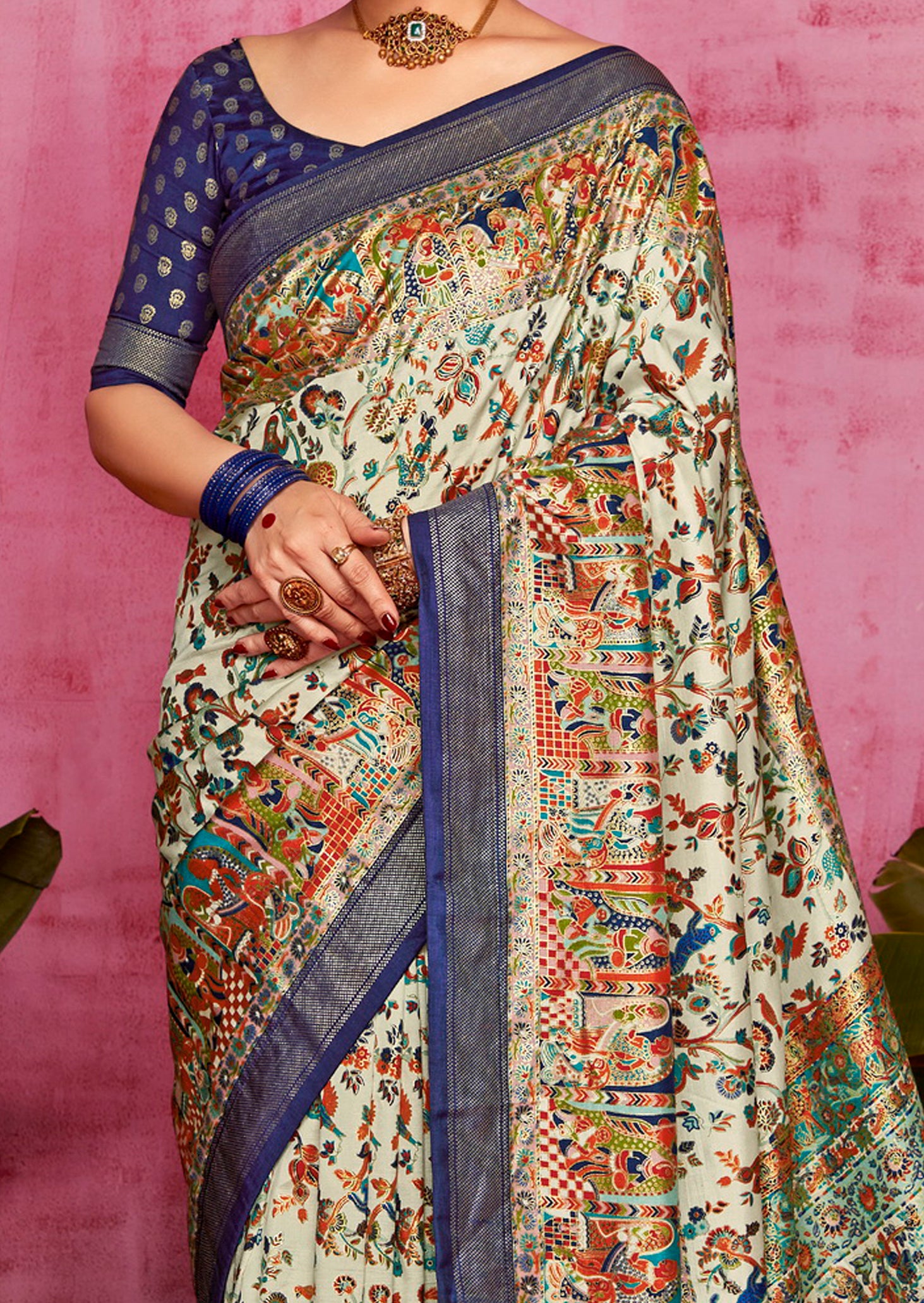 Off White Woven Designer With Polka Dot And Printed Tussar Silk Saree