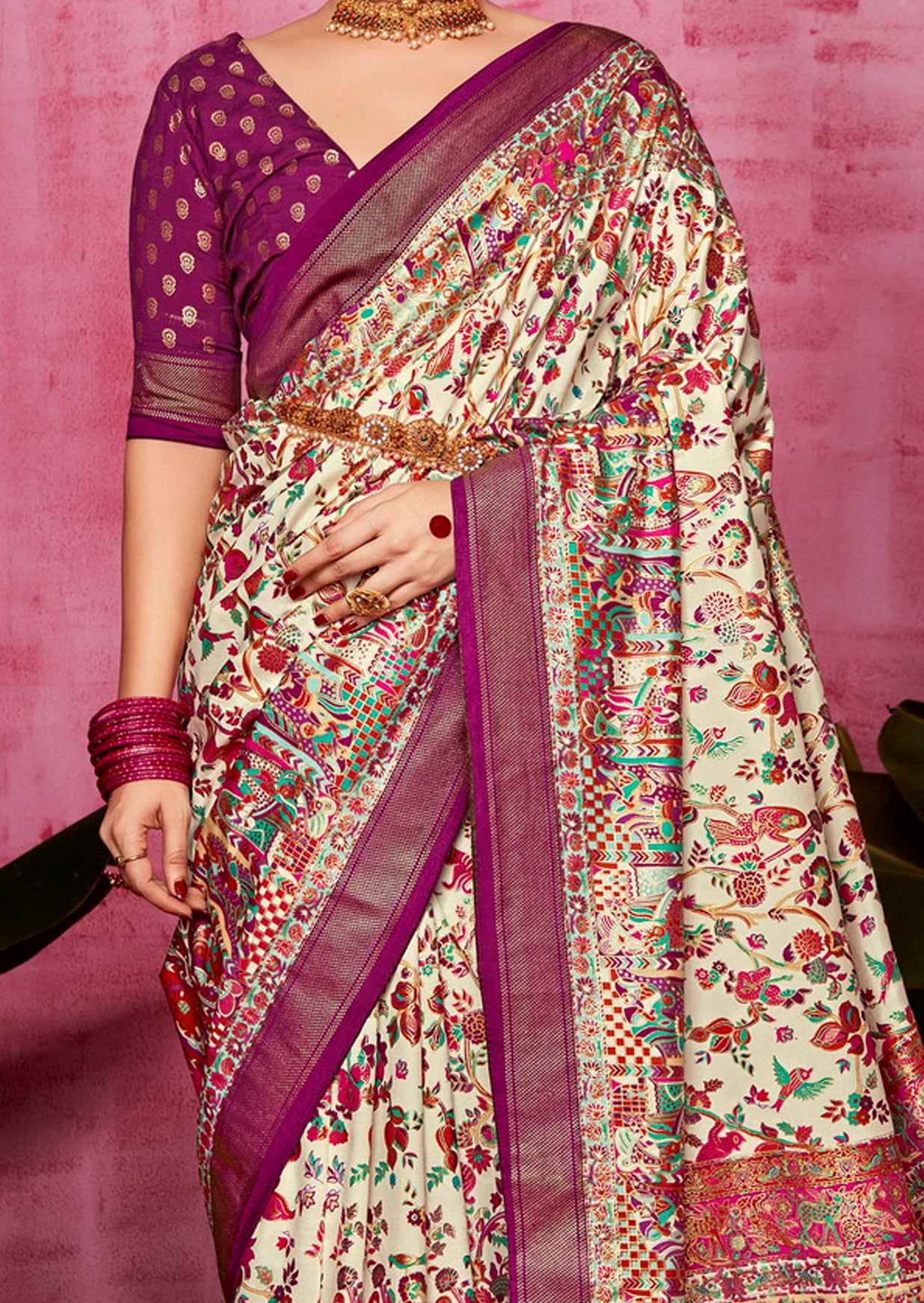 Off White Woven Designer With Polka Dot And Printed Tussar Silk Saree