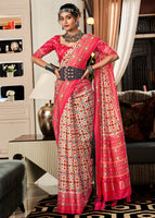 Offwhite Tussar Silk Saree With  Patola Digital Print with Lagadi Patta Pallu