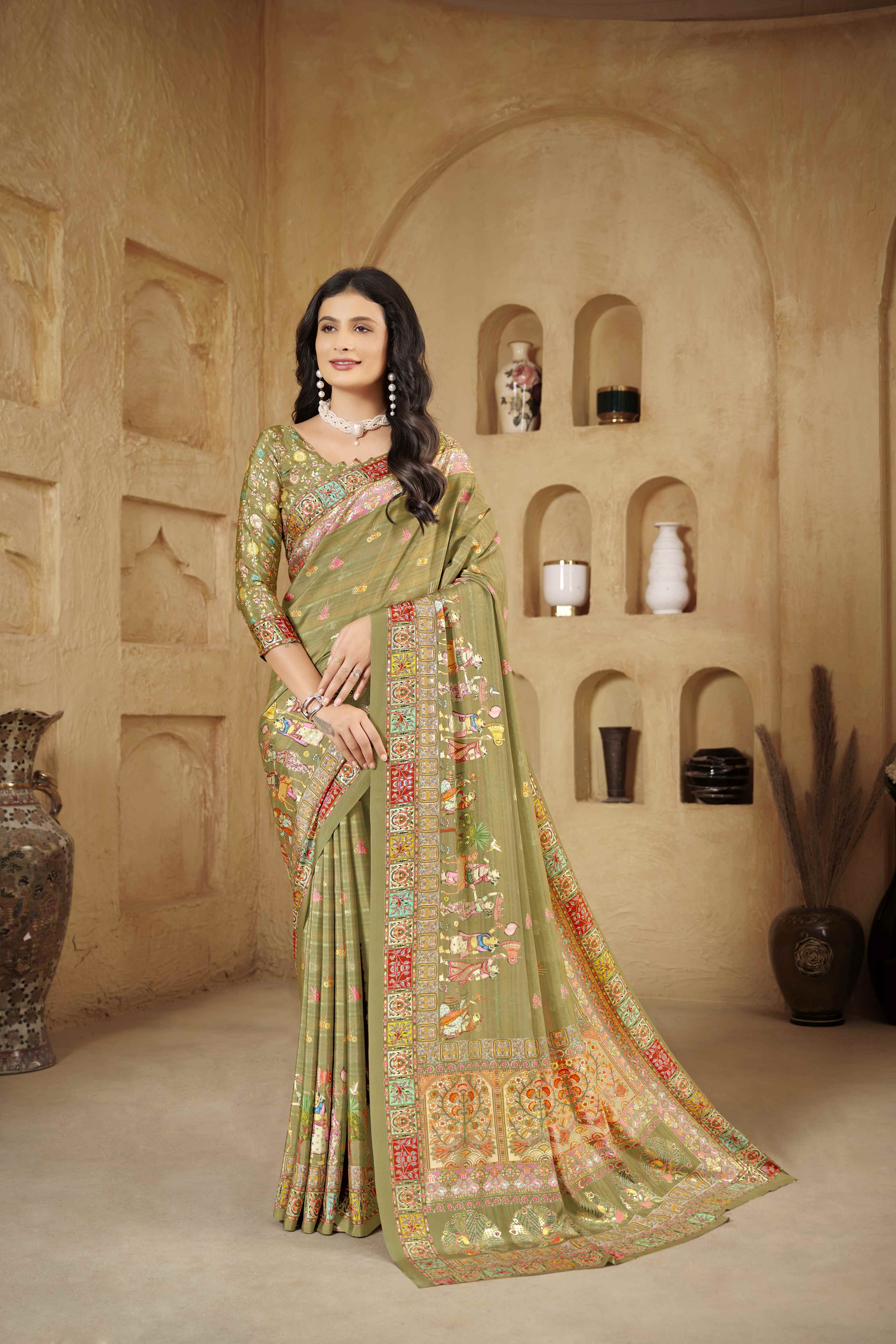Olive Beautiful Designer Position Digital Foil Printed Crepe Silk Designer Partywear Saree