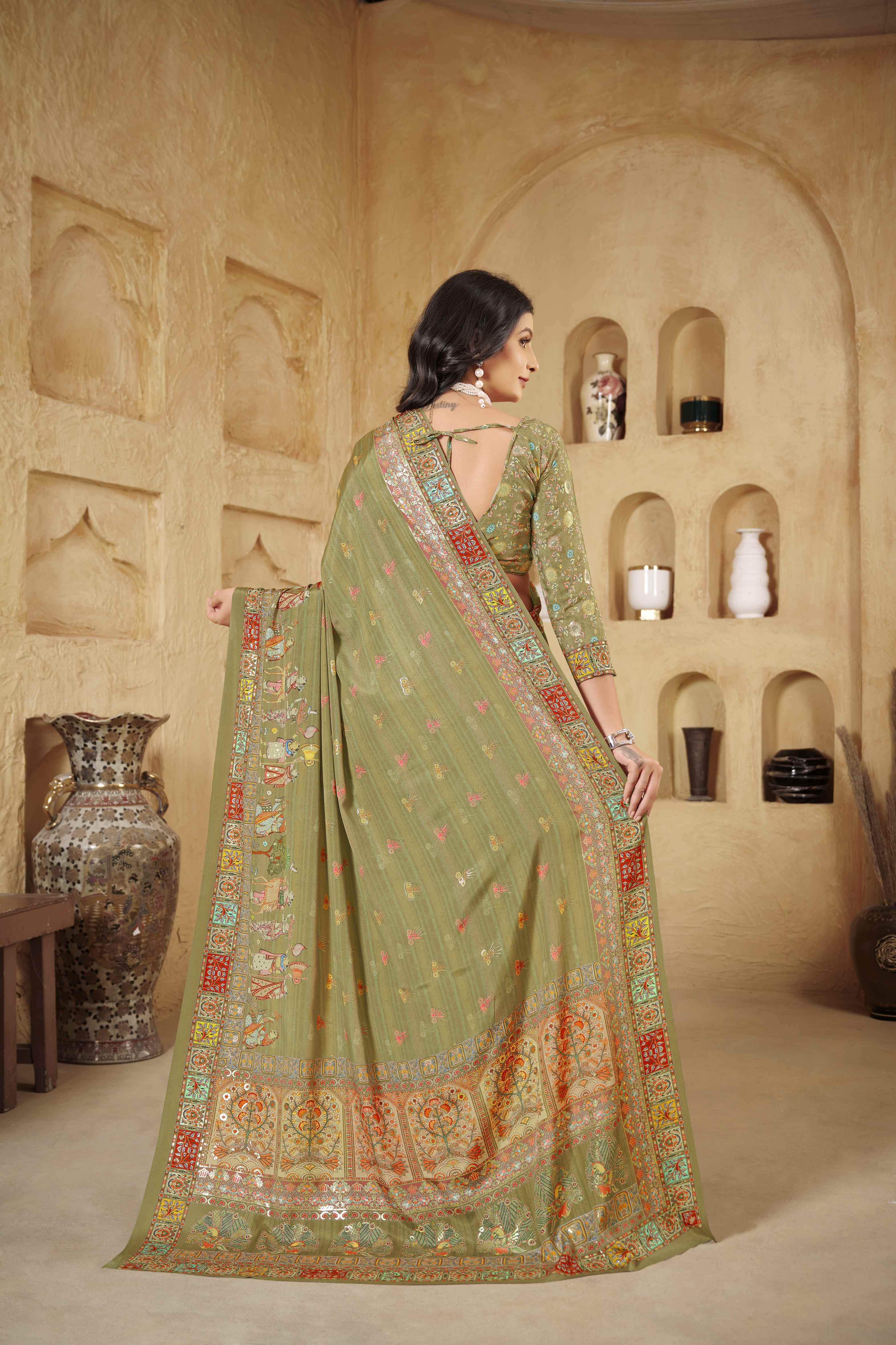 Olive Beautiful Designer Position Digital Foil Printed Crepe Silk Designer Partywear Saree