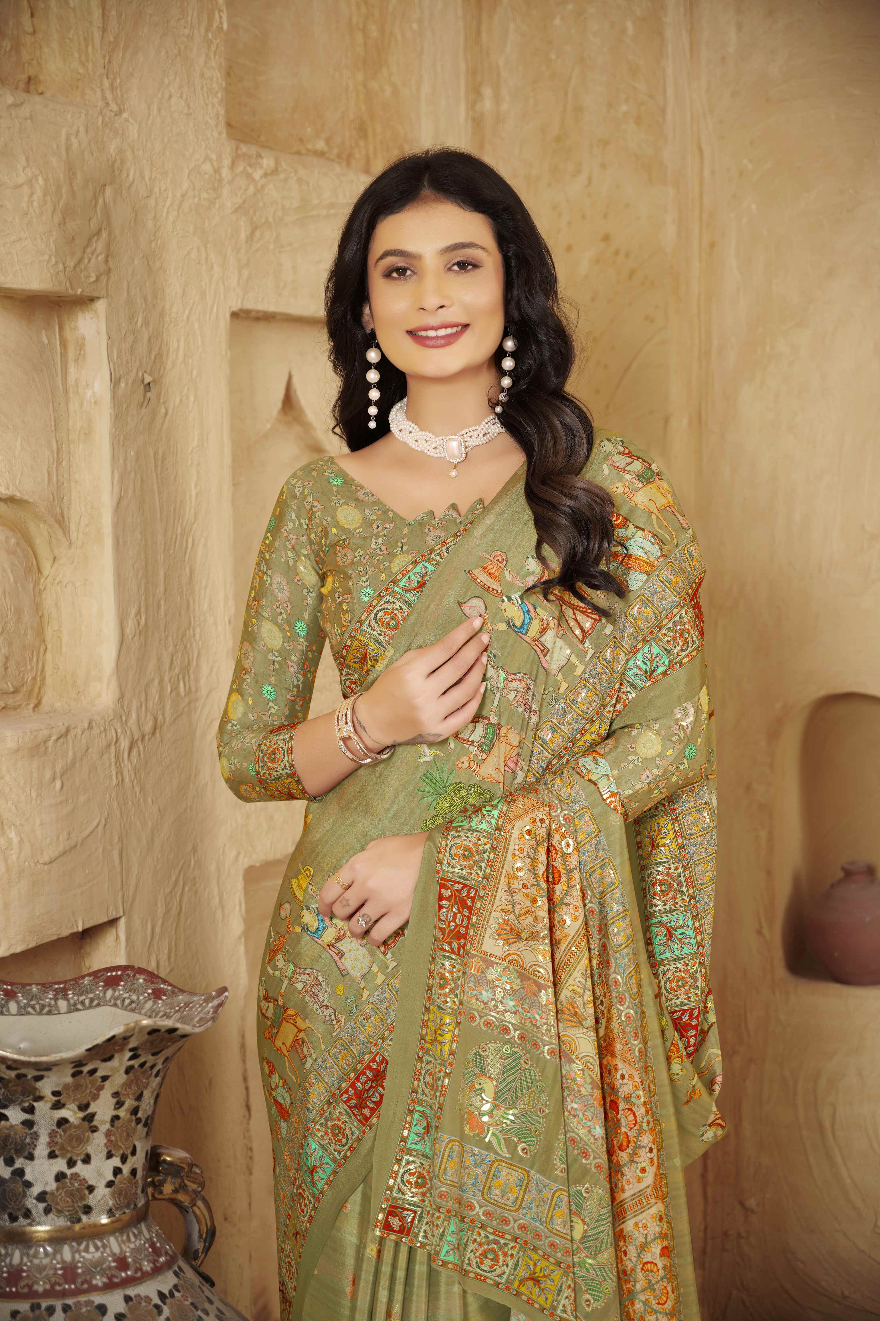 Olive Beautiful Designer Position Digital Foil Printed Crepe Silk Designer Partywear Saree