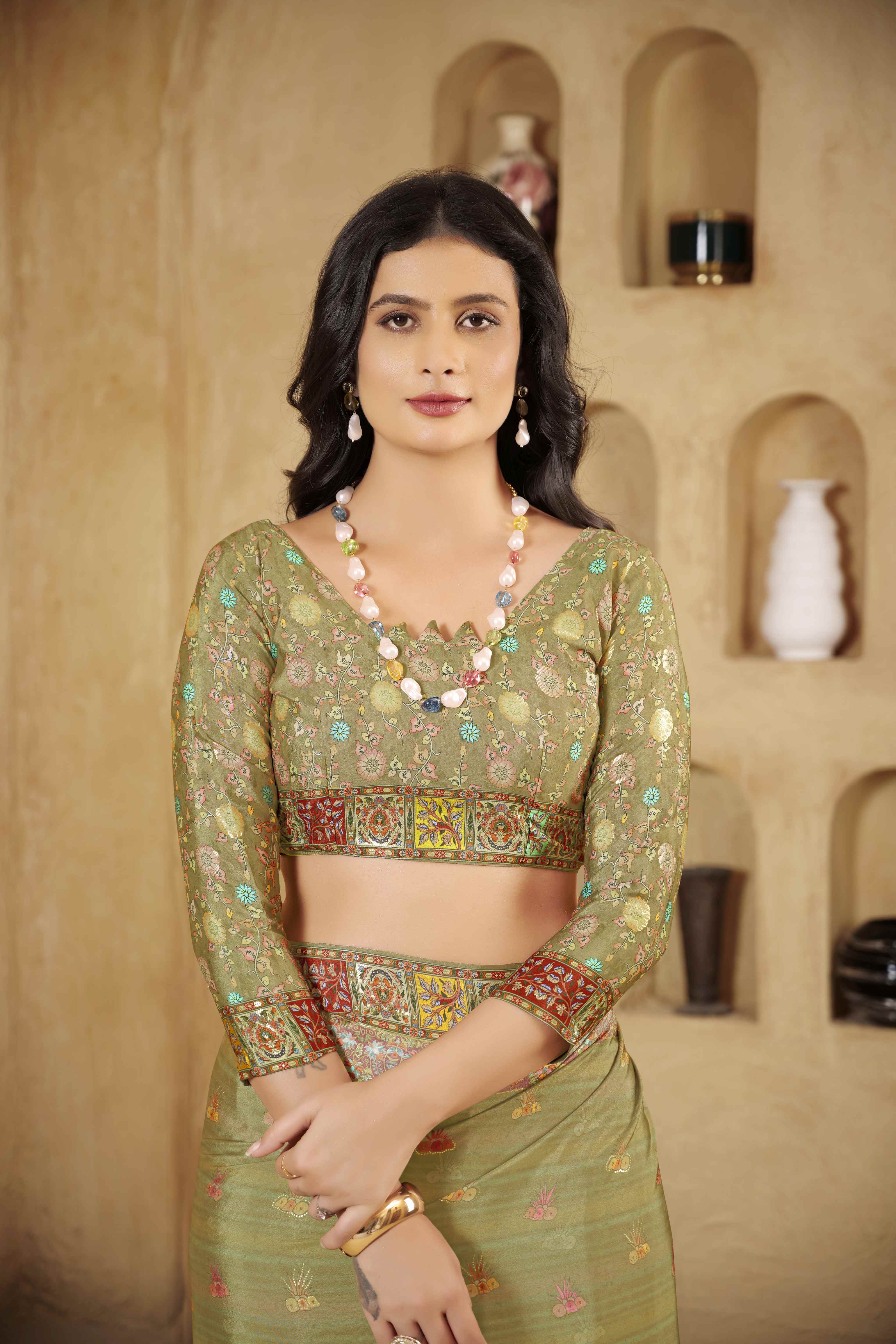 Olive Beautiful Designer Position Digital Foil Printed Crepe Silk Designer Partywear Saree