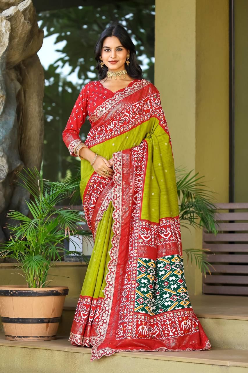 Olive Colour Mercerized New Sigma Silk Ikkat Saree