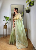 Olive Colour Silver Tissue Silk Embroidery And Mirror Work Saree