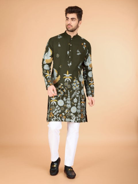 Olive Embroidered Kurta with Trendy Style for Celebrity Look