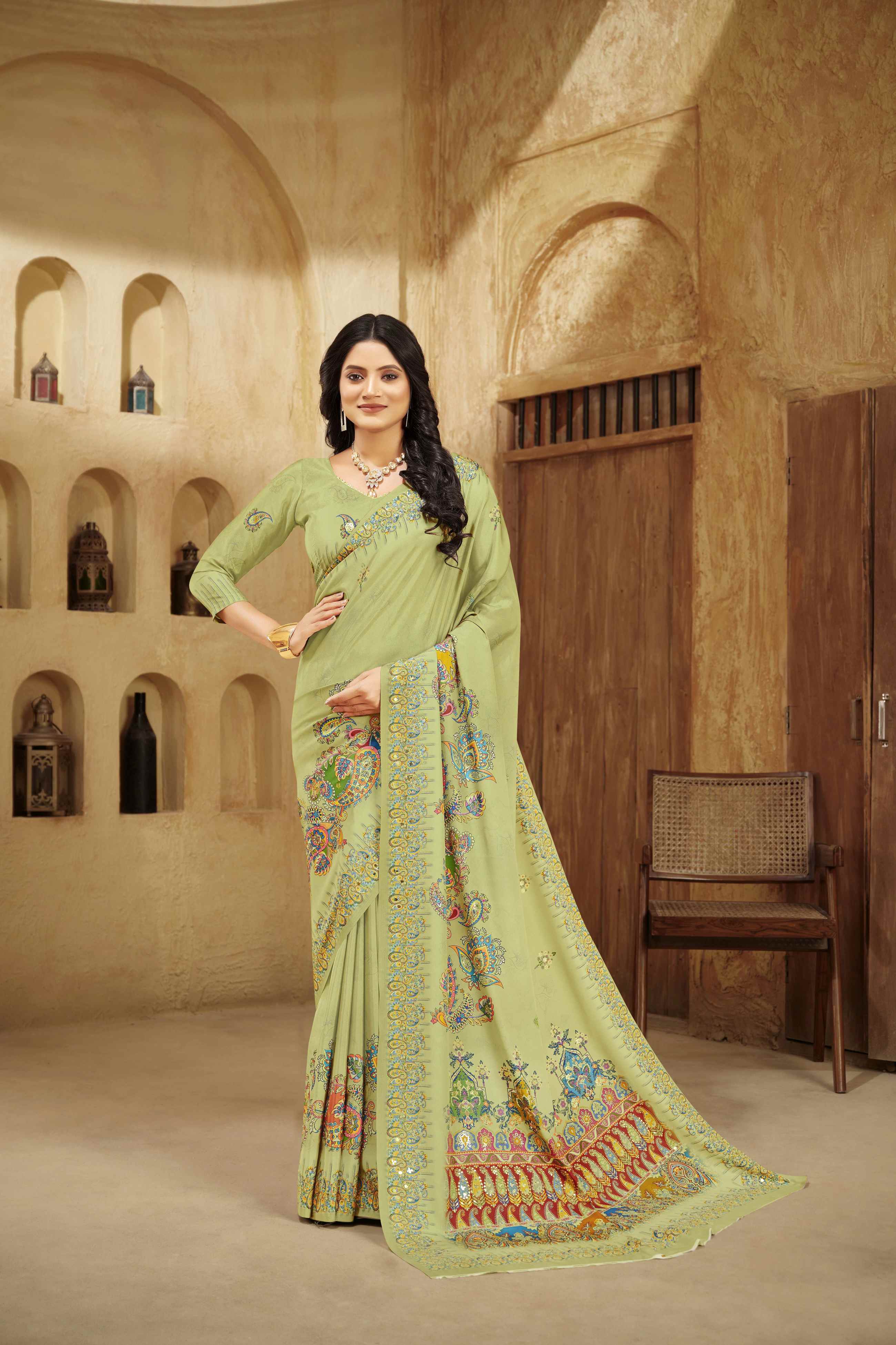 Olive Green Beautiful Designer Position Digital Foil Printed Crepe Silk Designer Partywear Saree