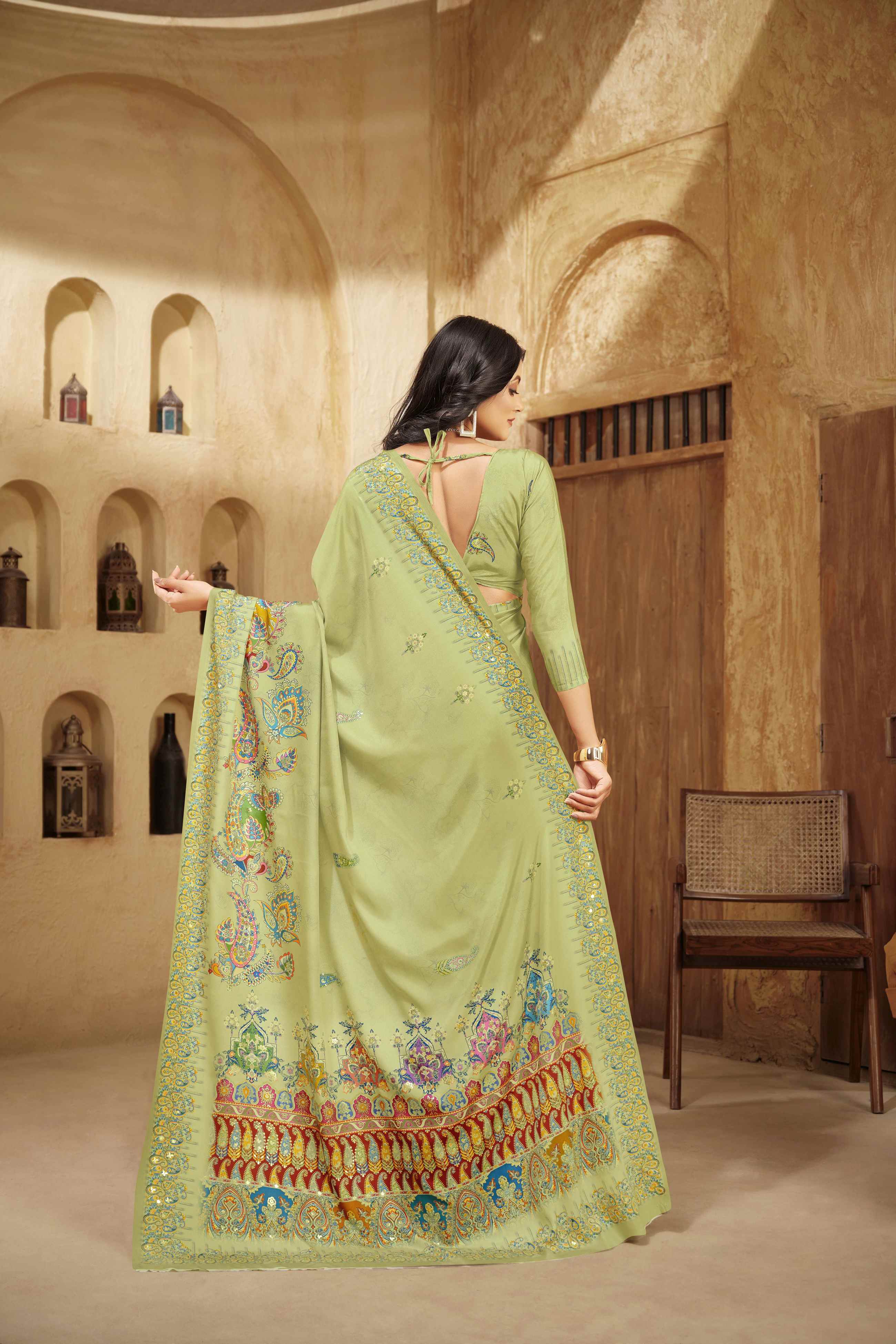 Olive Green Beautiful Designer Position Digital Foil Printed Crepe Silk Designer Partywear Saree