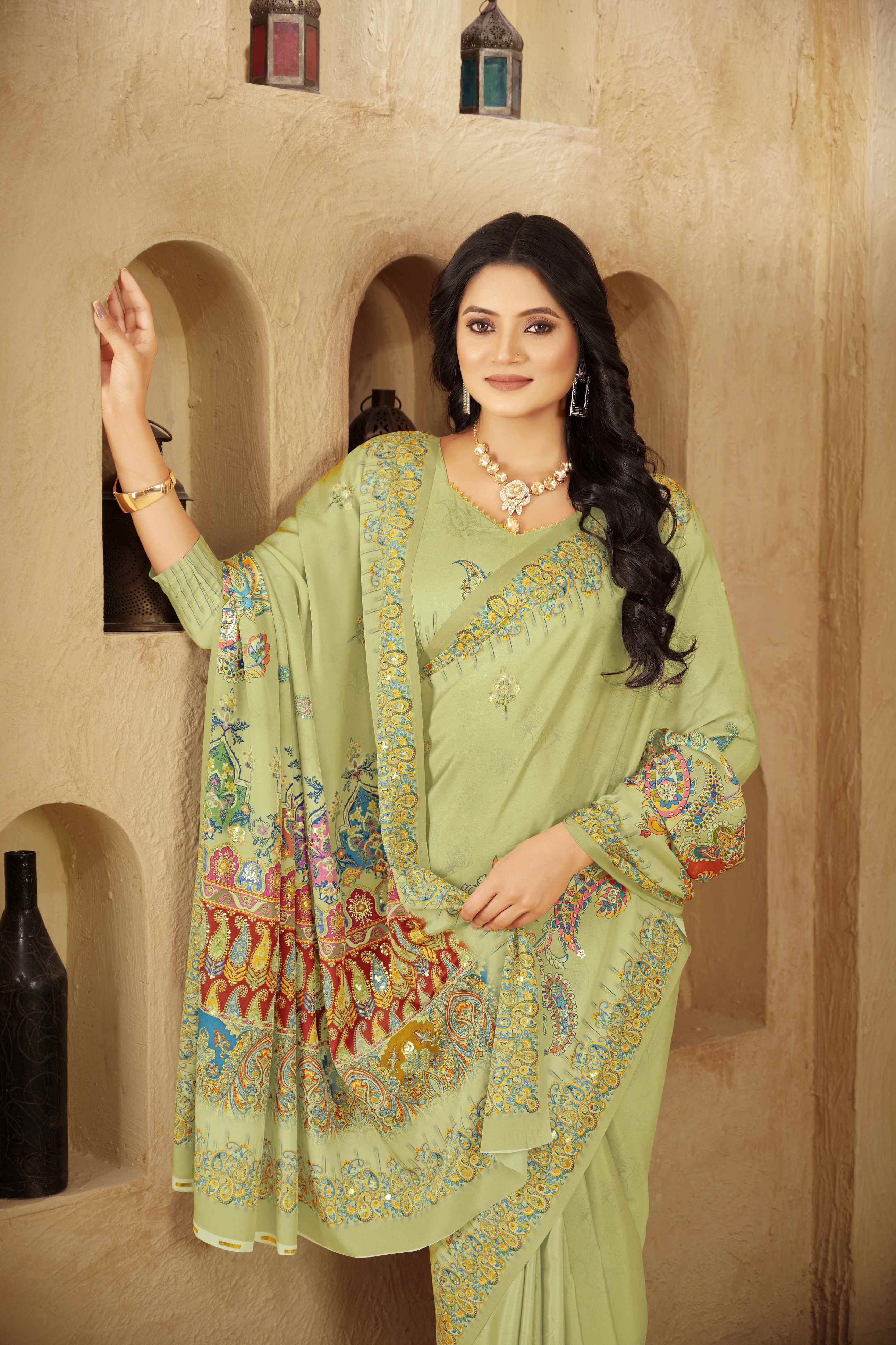 Olive Green Beautiful Designer Position Digital Foil Printed Crepe Silk Designer Partywear Saree