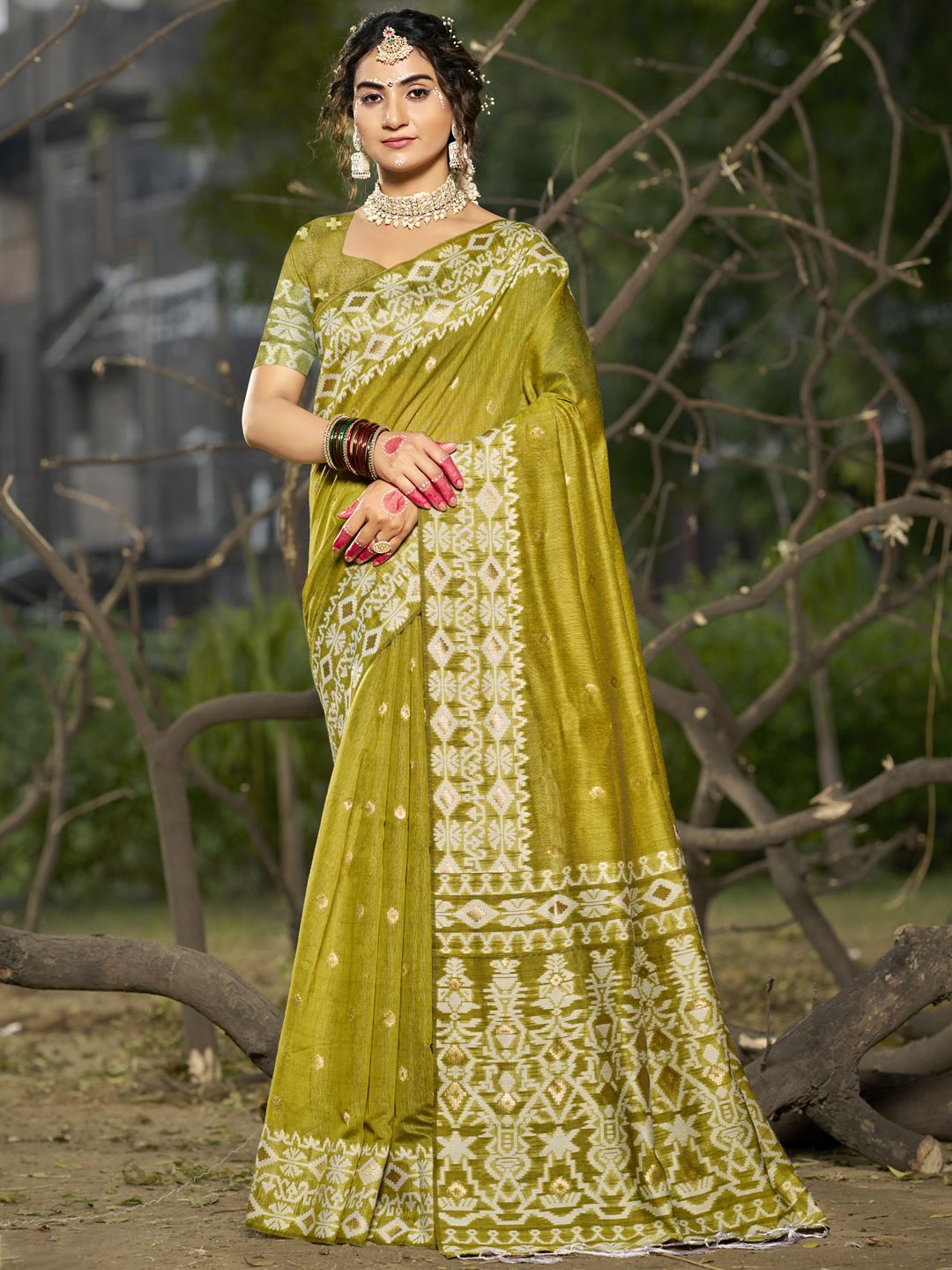 Olive Green  Blended Linen Cotton Saree