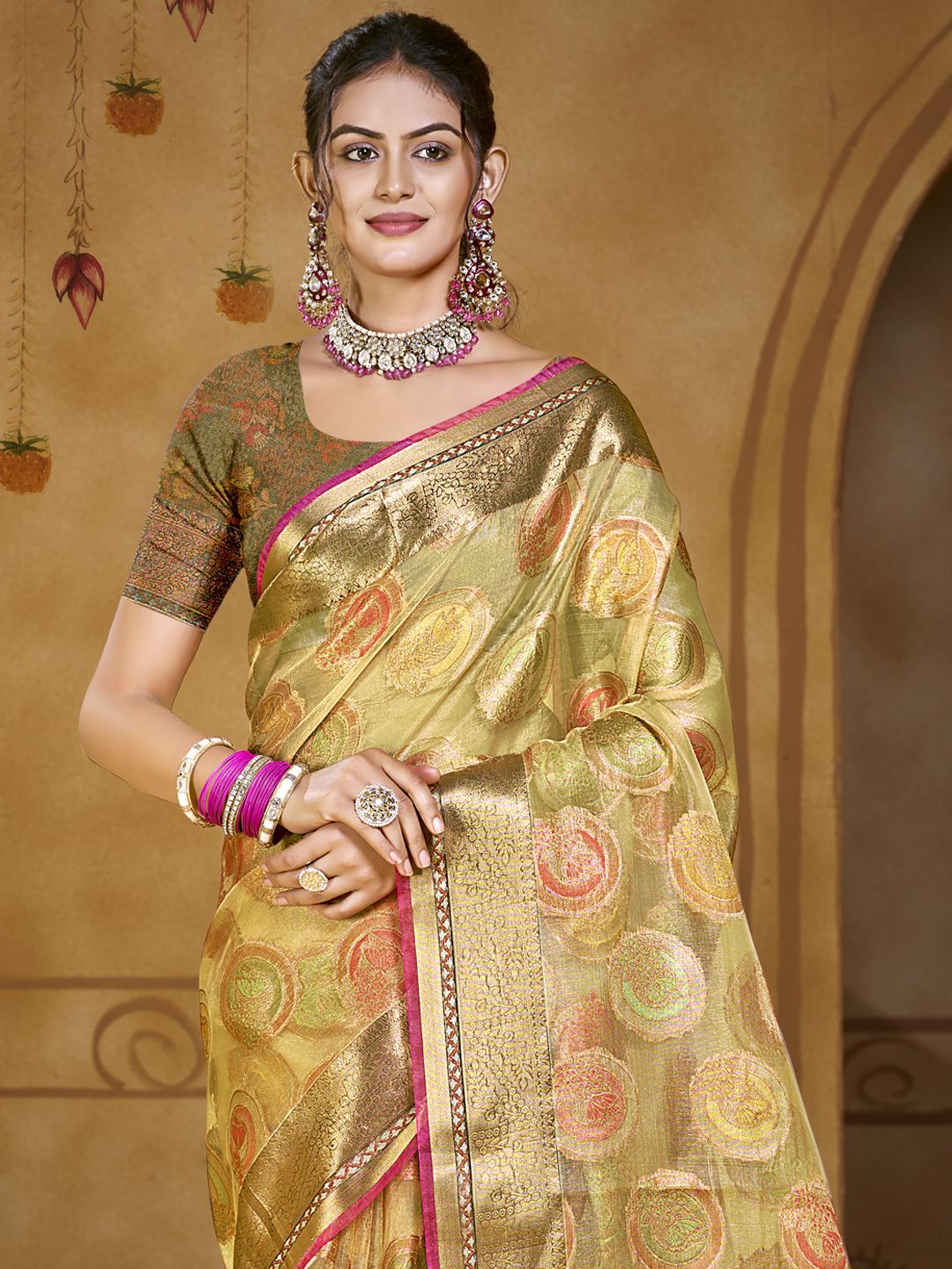 Olive Green Color Organza Silk Saree