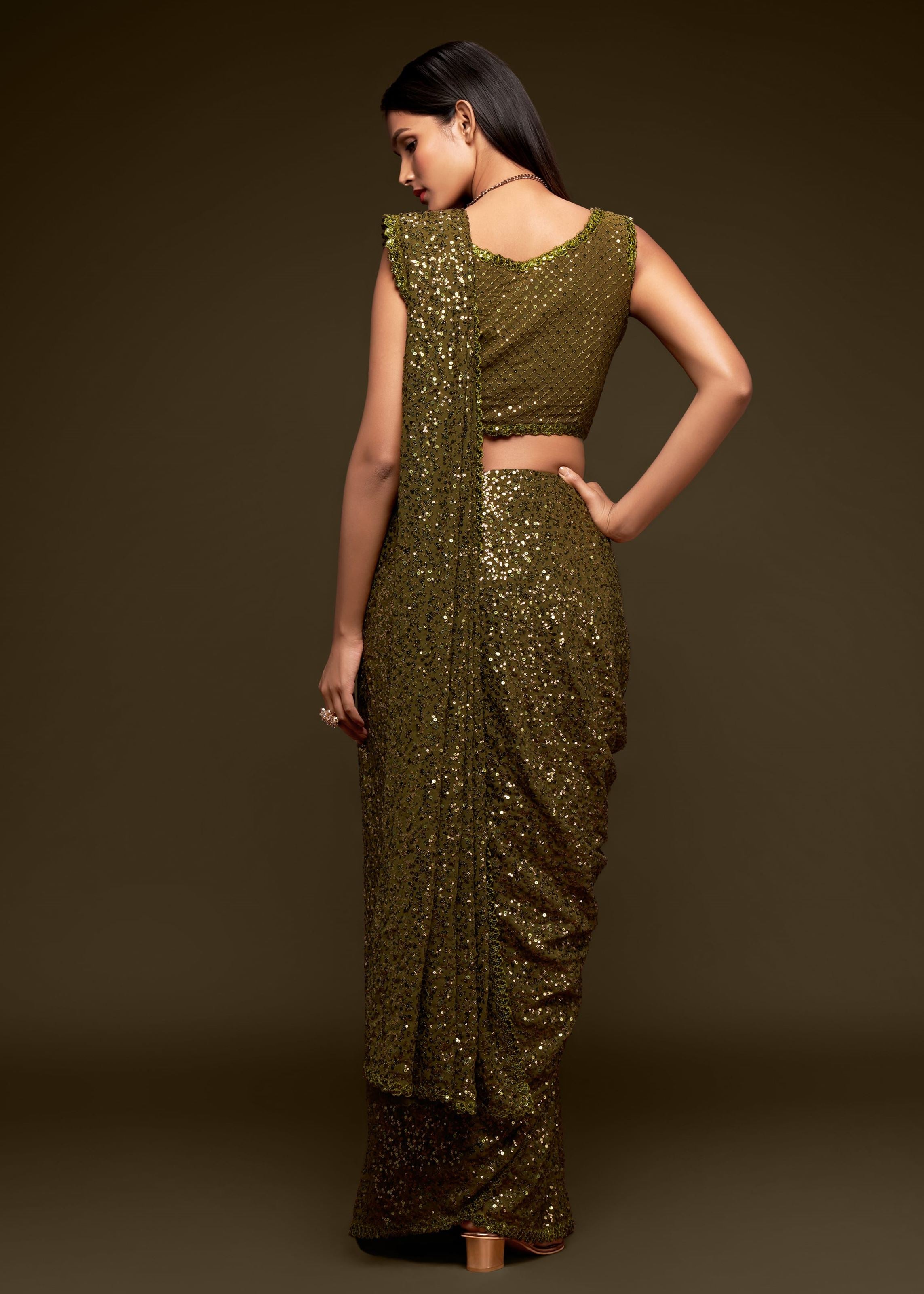 Olive Green Georgette Saree with Thread Embroidery and Sequins Work