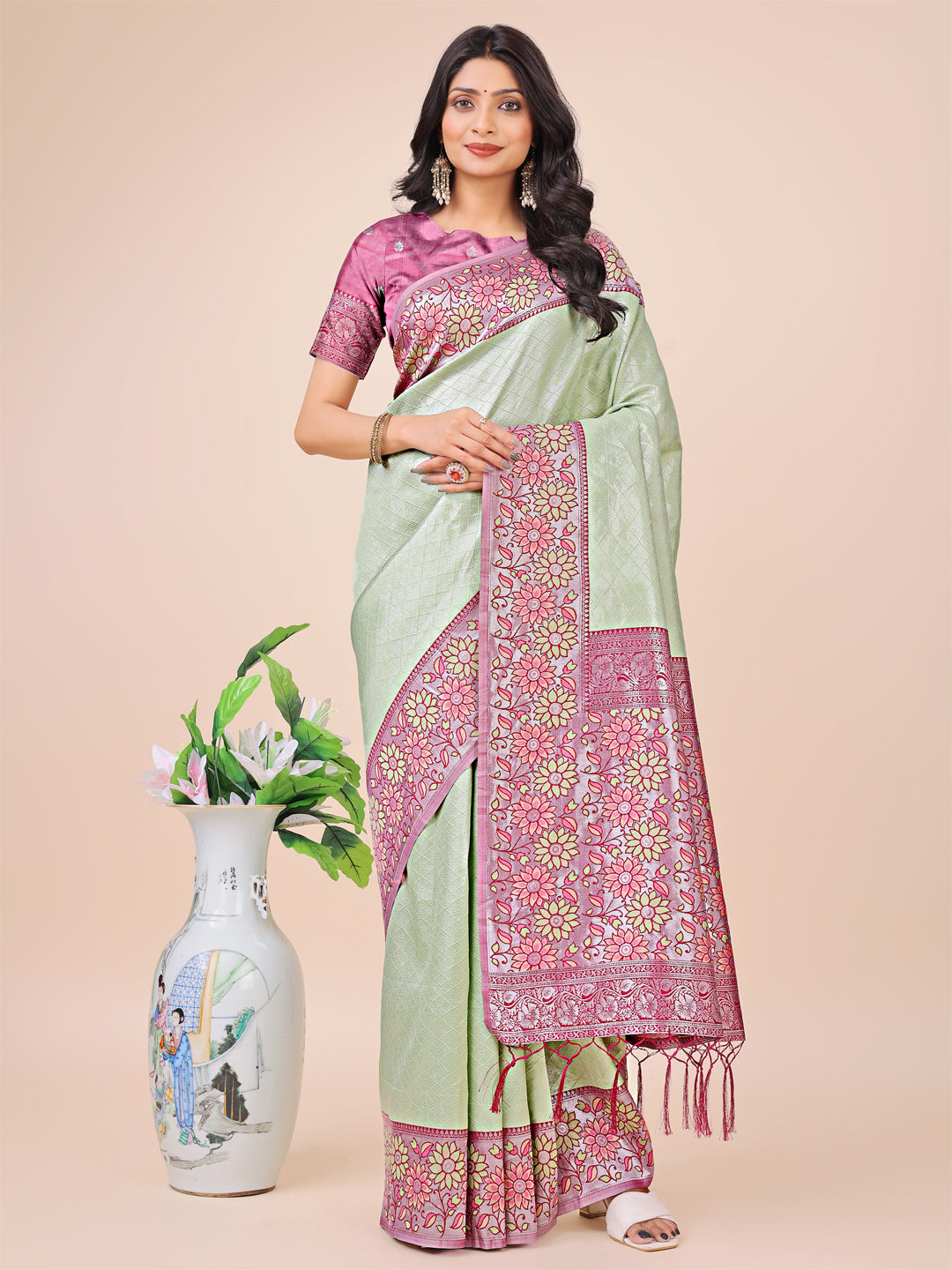 Olive Green Lichi Silk Woven Designer Partywear Saree