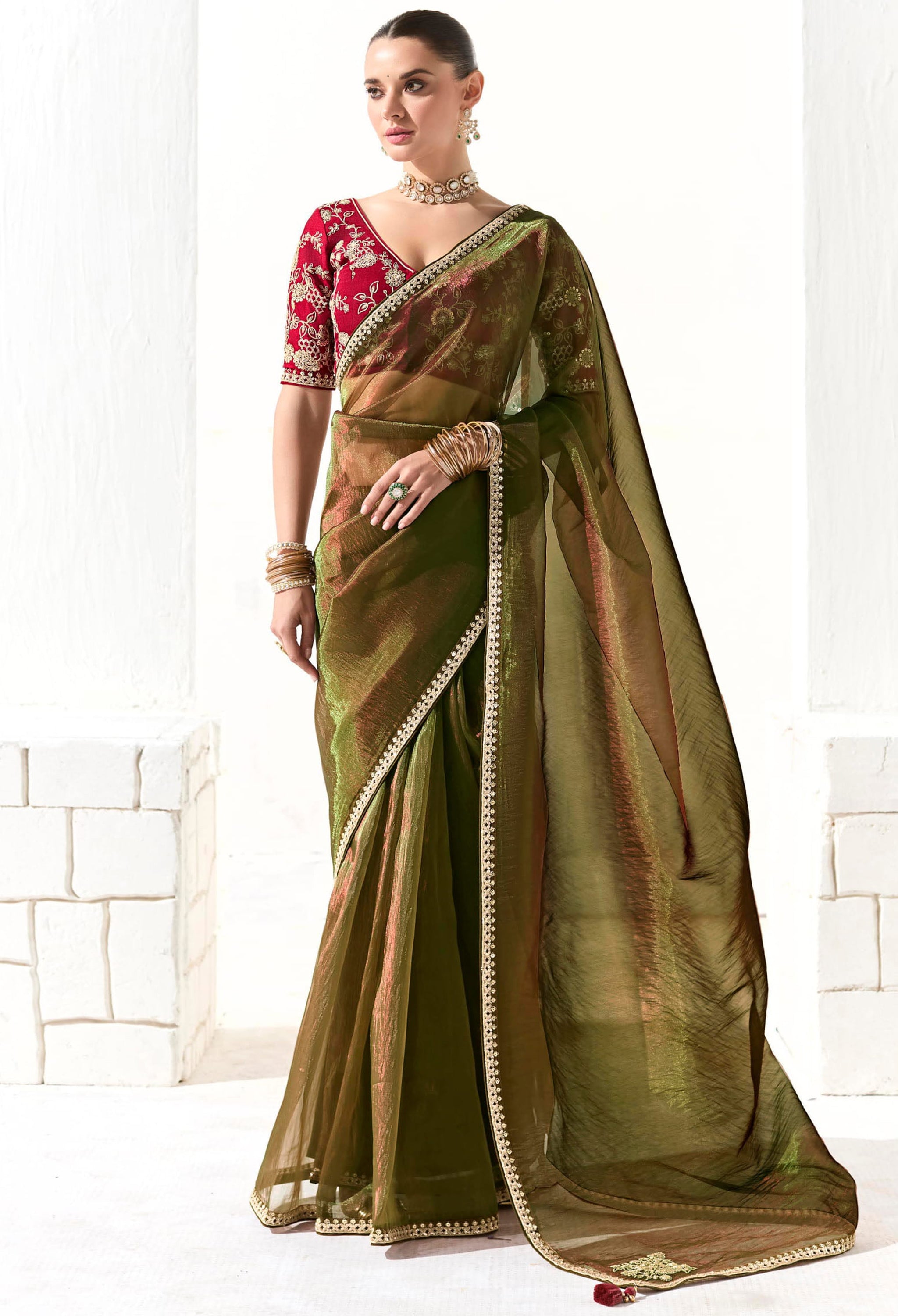 Olive Green Organza Tissue Saree With  Heavy Work Border With Embroidered Blouse