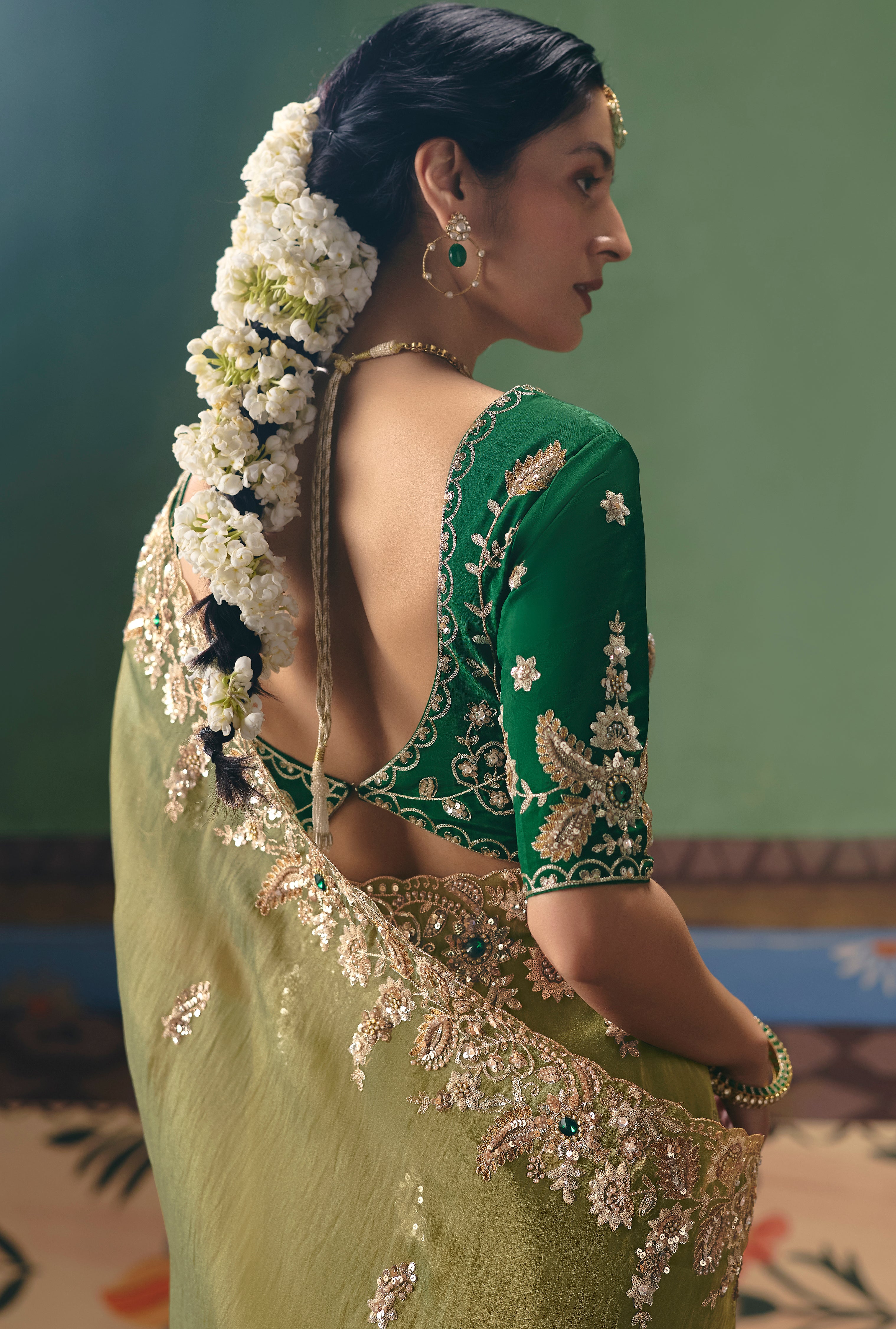 Olive Green Saree With  Heavy Designer Embroidery, Sequince, Stone, Pearl With Beads Work