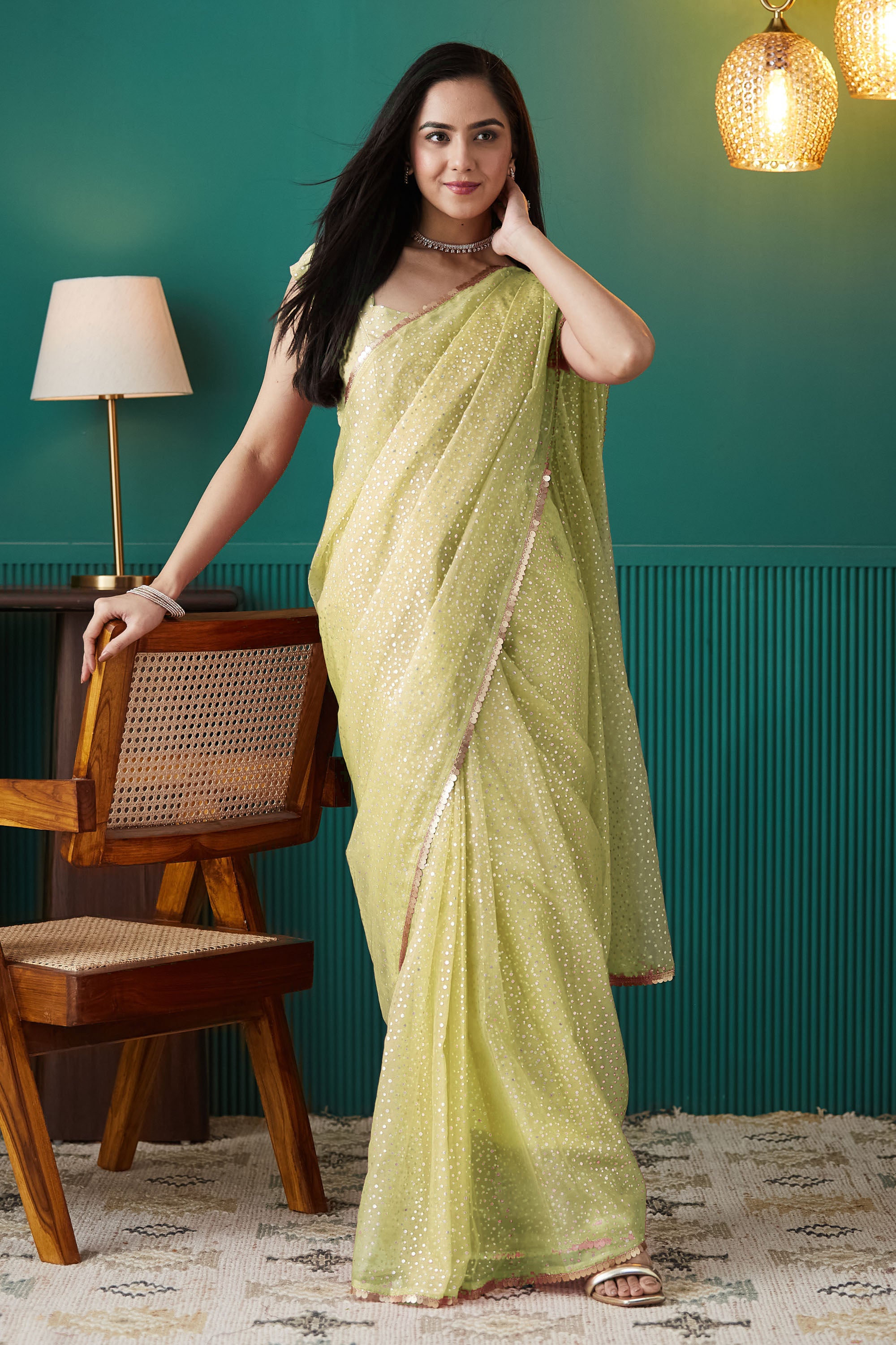 Olive Organza Designer Foil Printed Partywear Saree