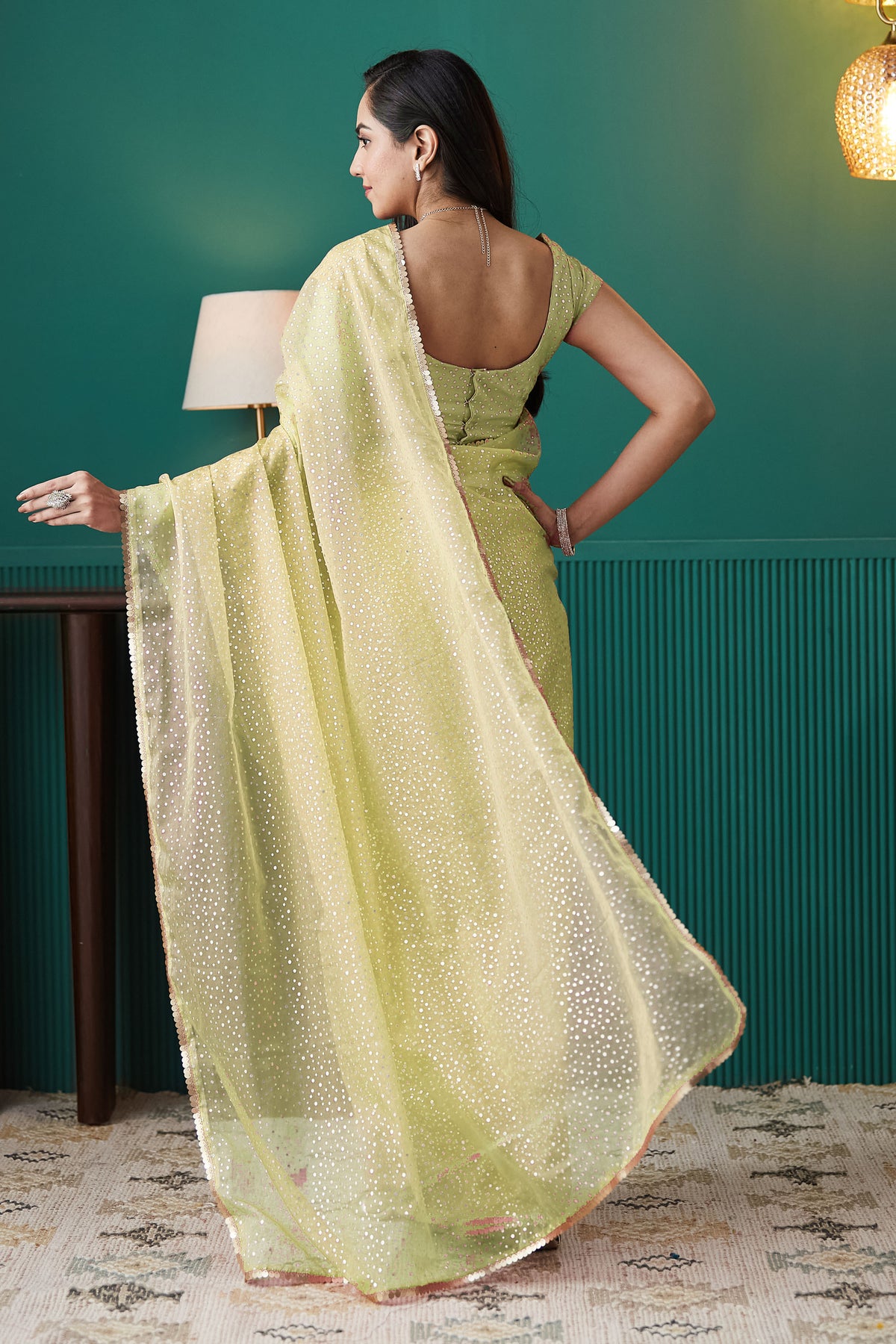 Olive Organza Designer Foil Printed Partywear Saree